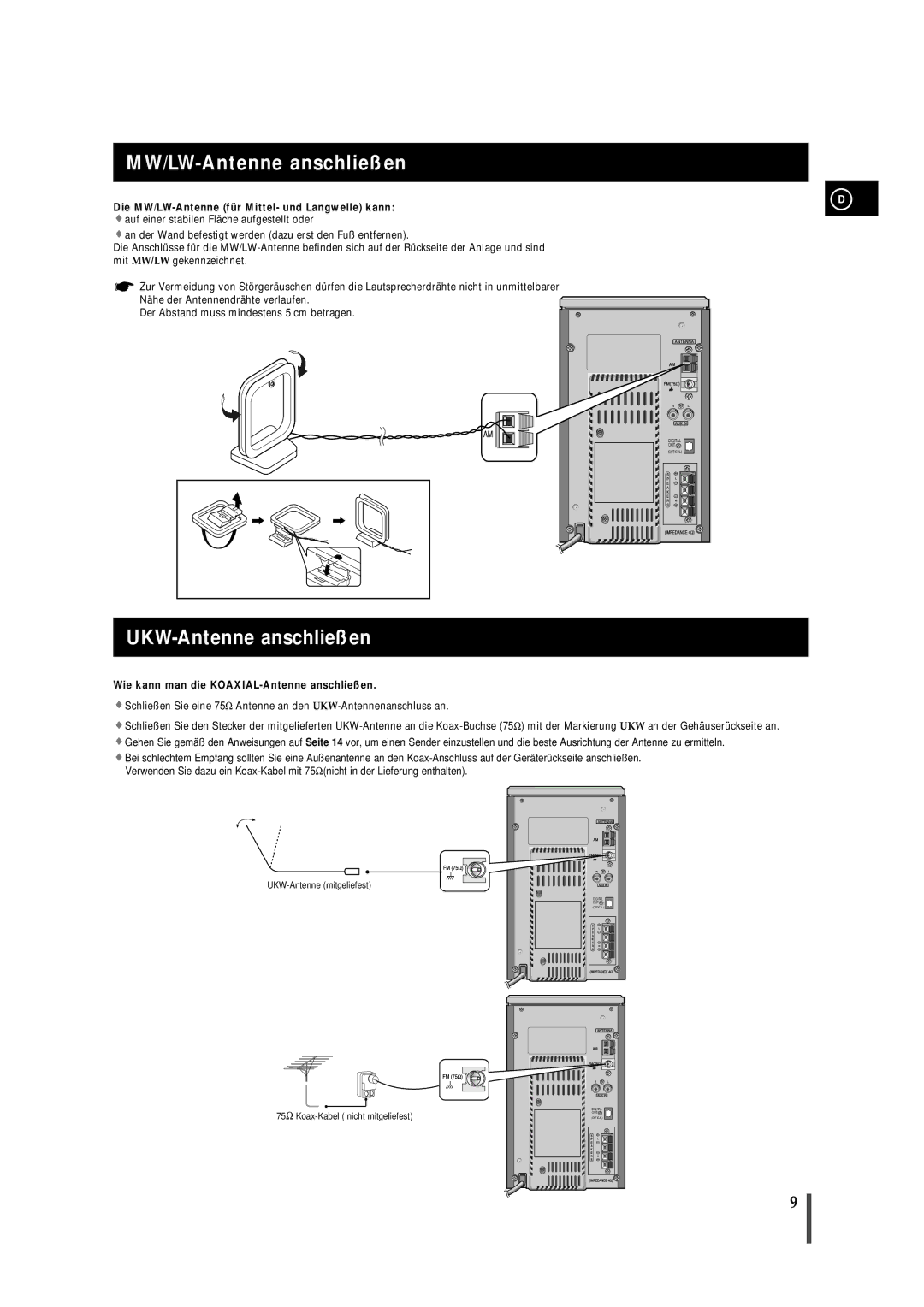 Samsung MMB7RH/ELS manual MW/LW-Antenne anschließen, UKW-Antenne anschließen 