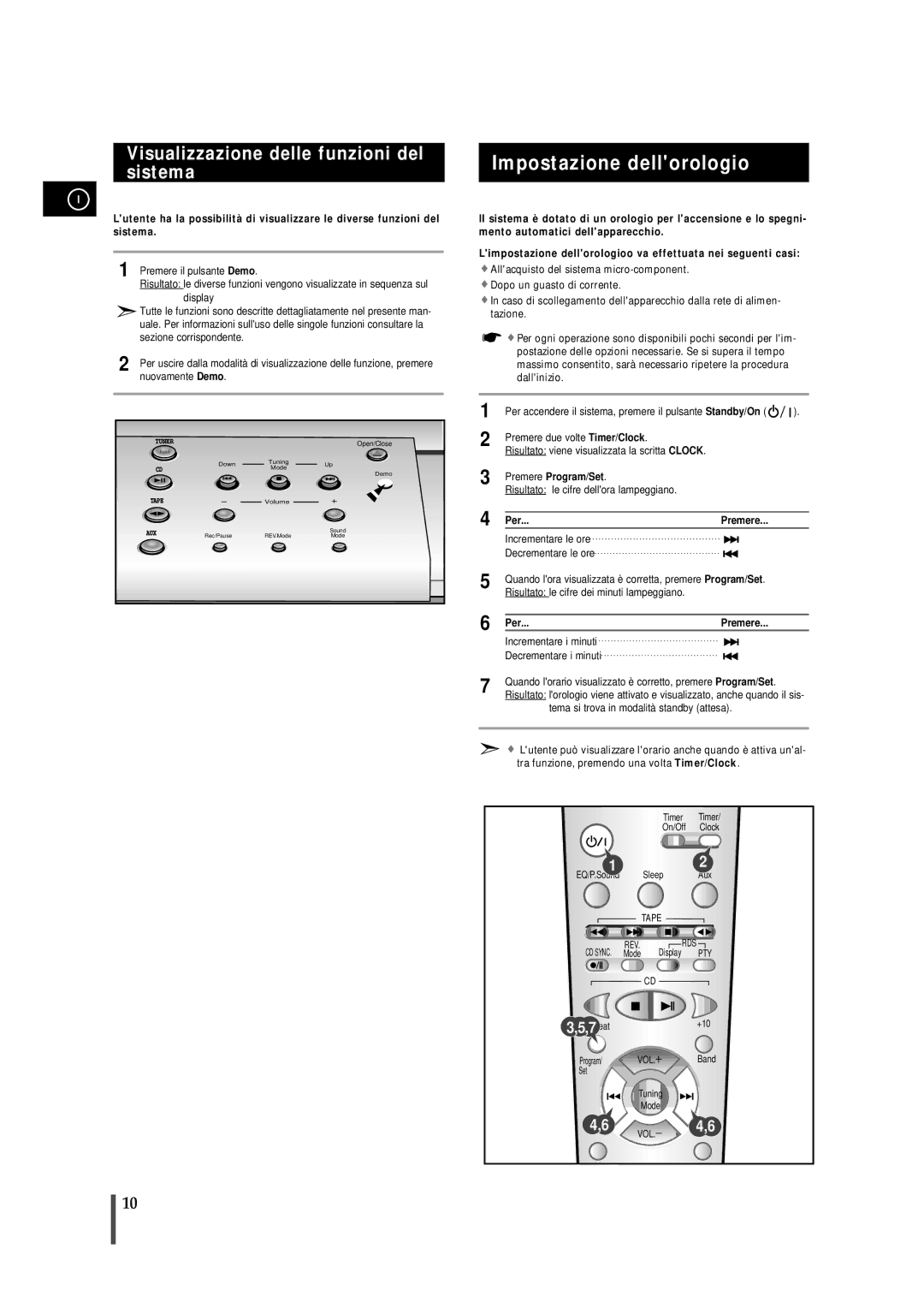 Samsung MMB7RH/ELS Impostazione dellorologio, Visualizzazione delle funzioni del sistema, Premere Program/Set, Per Premere 