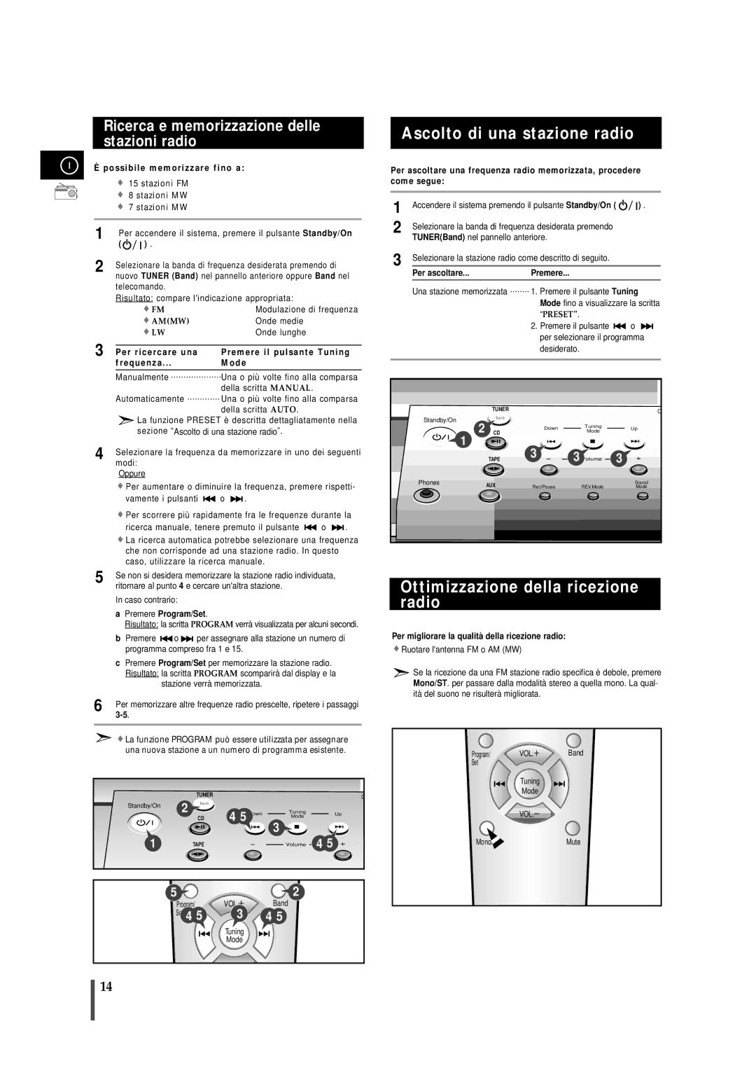 Samsung MMB7RH/ELS manual Ascolto di una stazione radio, Ottimizzazione della ricezione radio 