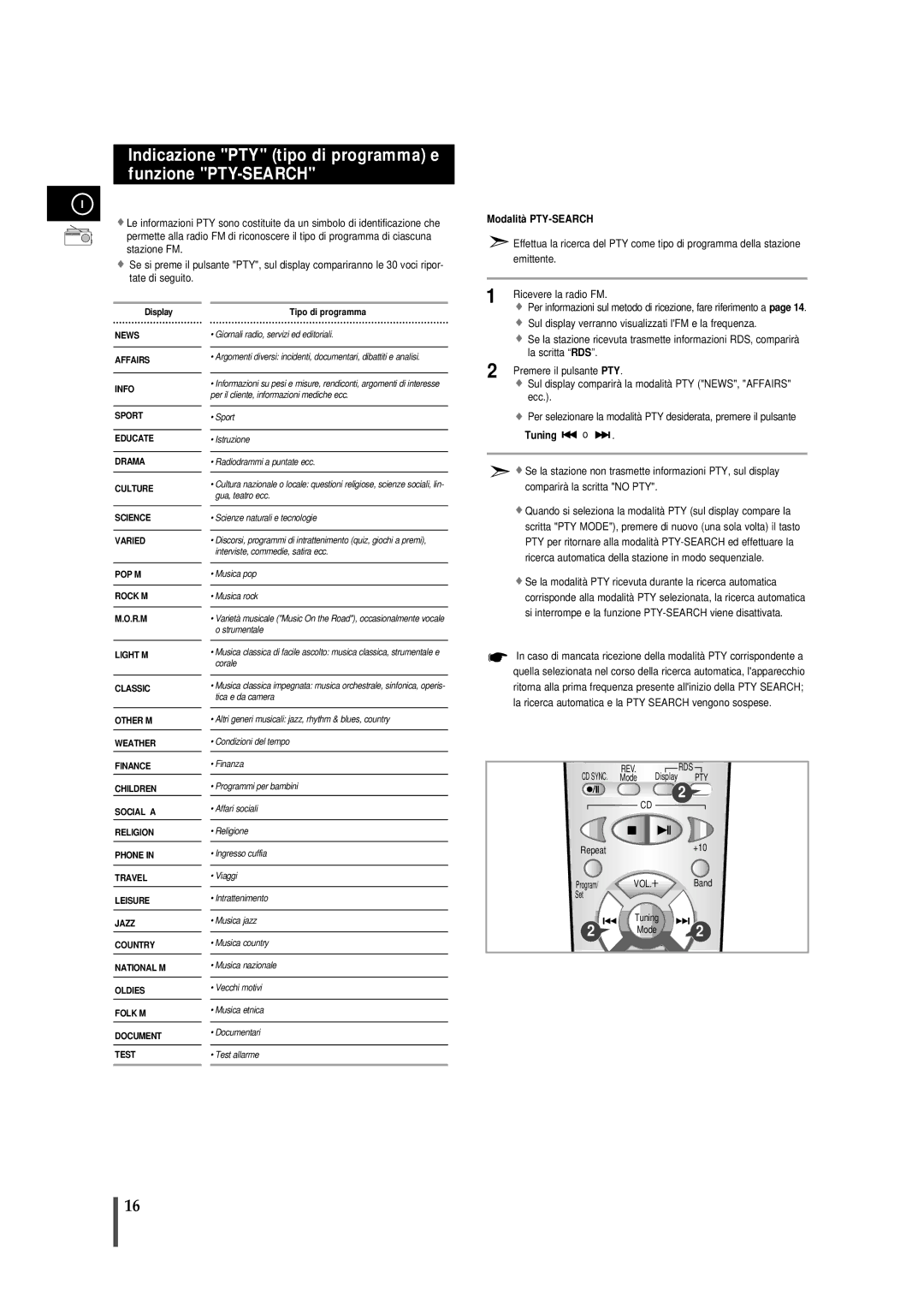 Samsung MMB7RH/ELS manual Modalità PTY-SEARCH 