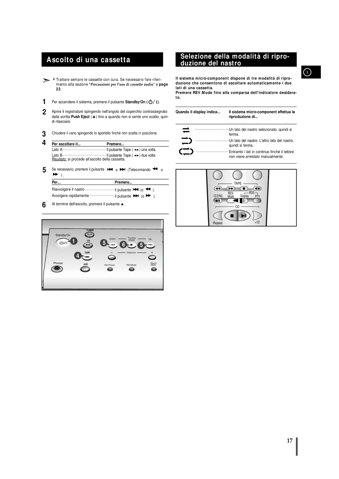 Samsung MMB7RH/ELS manual Ascolto di una cassetta, Selezione della modalità di ripro- duzione del nastro, Riproduzione di 