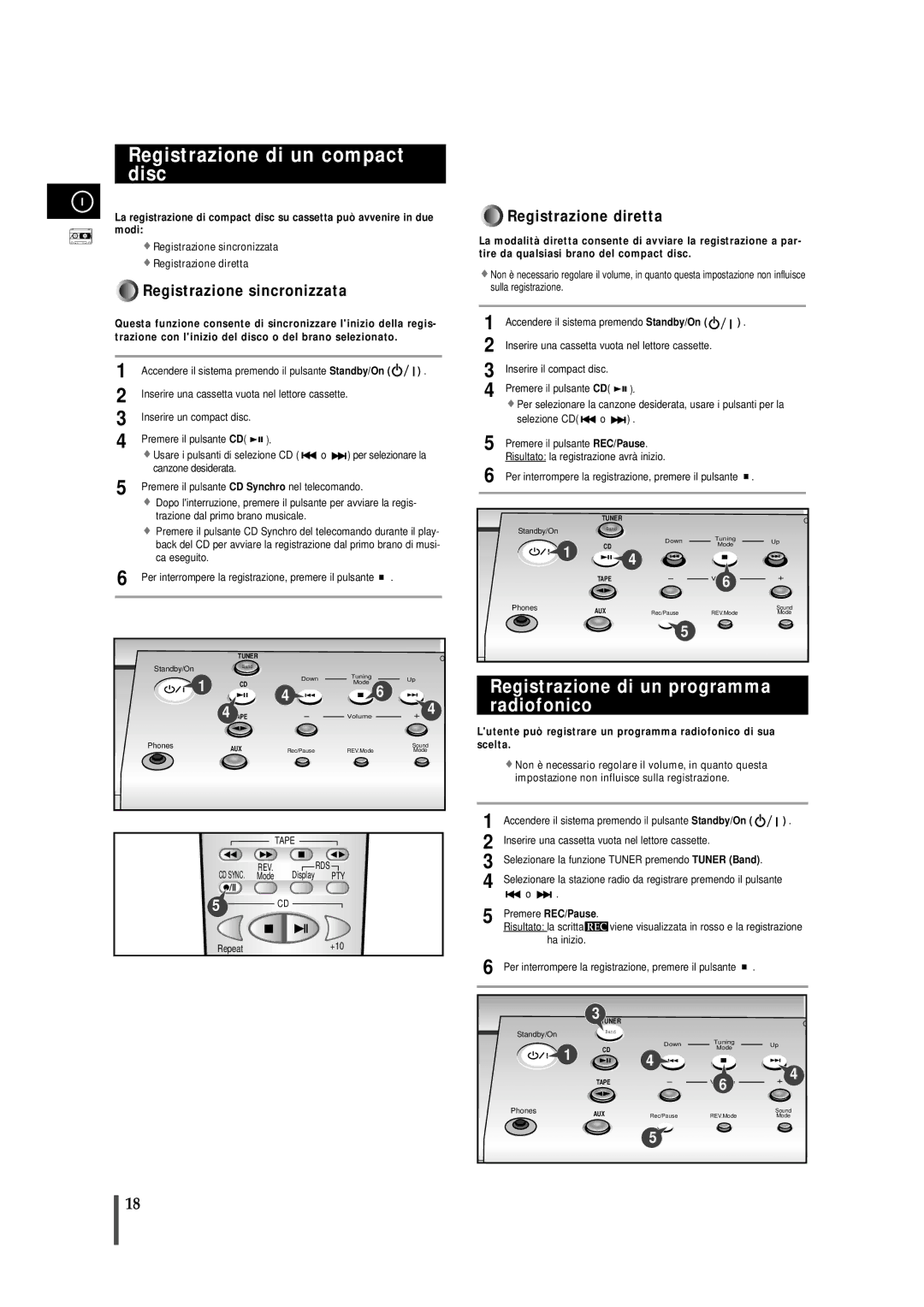 Samsung MMB7RH/ELS manual Registrazione di un compact disc, Registrazione di un programma radiofonico, Premere REC/Pause 