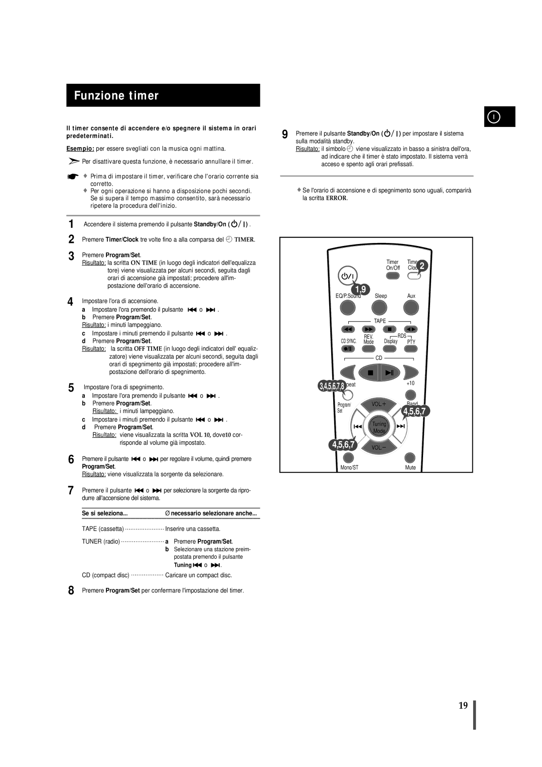 Samsung MMB7RH/ELS manual Funzione timer, Program/Set, Se si seleziona 