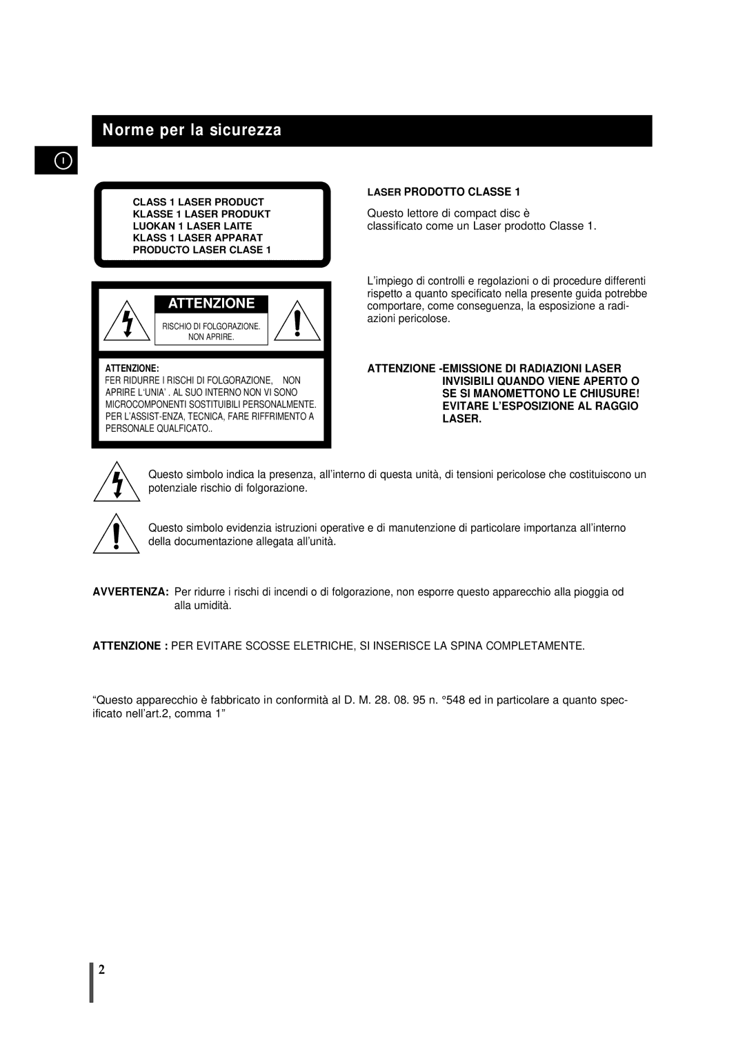 Samsung MMB7RH/ELS manual Norme per la sicurezza, Laser Prodotto Classe 