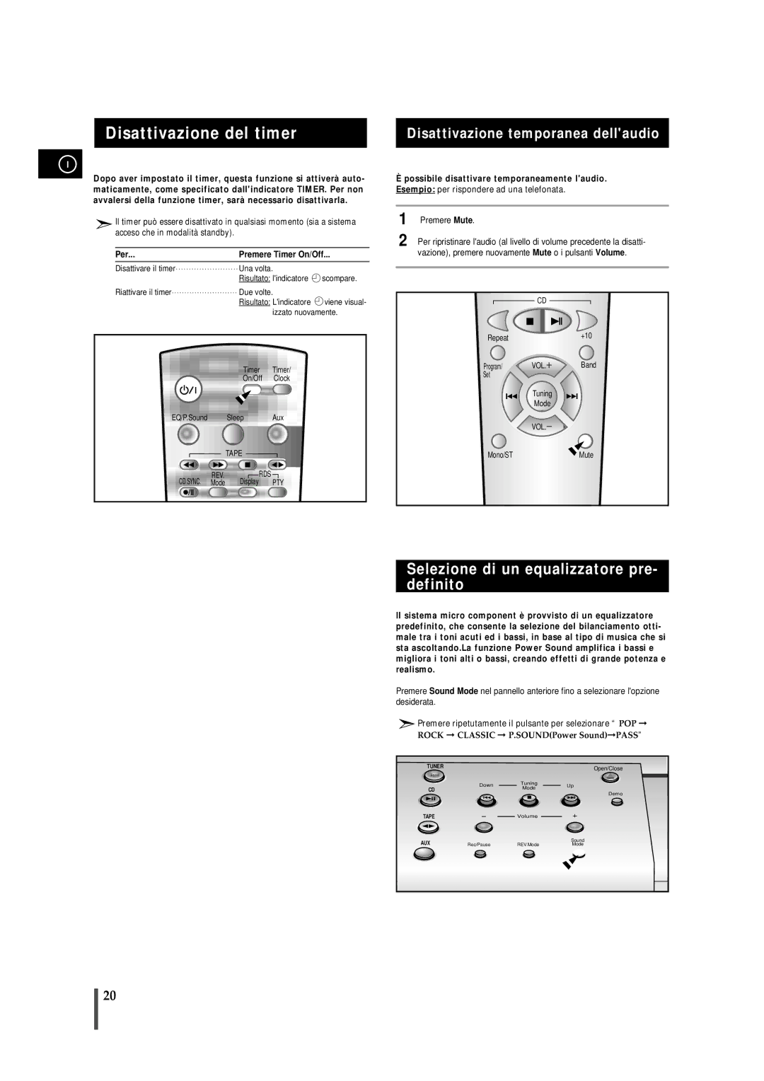 Samsung MMB7RH/ELS manual Disattivazione del timer, Selezione di un equalizzatore pre- definito, Per Premere Timer On/Off 