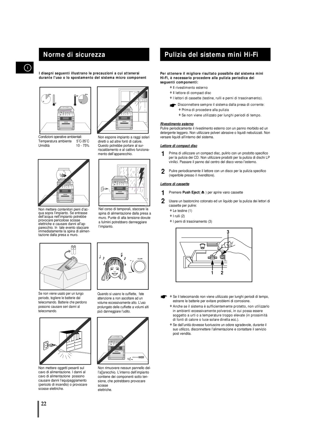 Samsung MMB7RH/ELS manual Norme di sicurezza Pulizia del sistema mini Hi-Fi, Premere Push Eject 