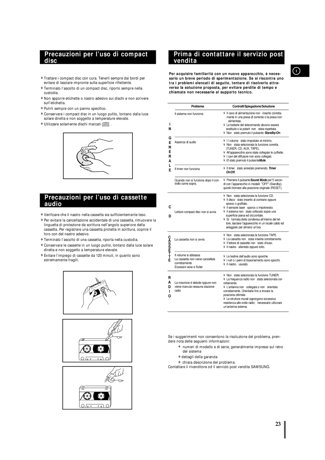 Samsung MMB7RH/ELS manual Precauzioni per l’uso di compact disc, Prima di contattare il servizio post vendita 