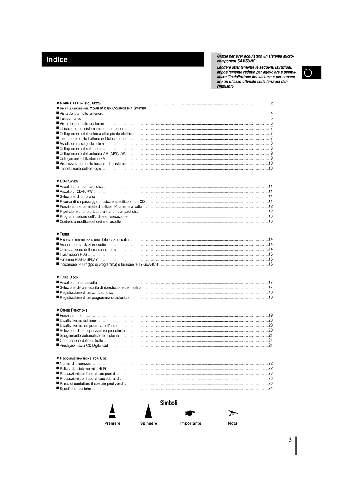 Samsung MMB7RH/ELS manual Indice, Installazione DEL Your Micro Component System 