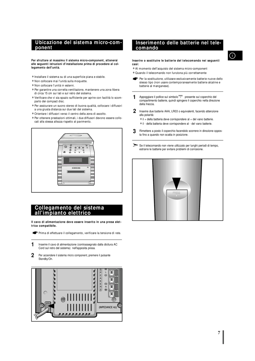 Samsung MMB7RH/ELS manual Collegamento del sistema allimpianto elettrico, Ubicazione del sistema micro-com- ponent 