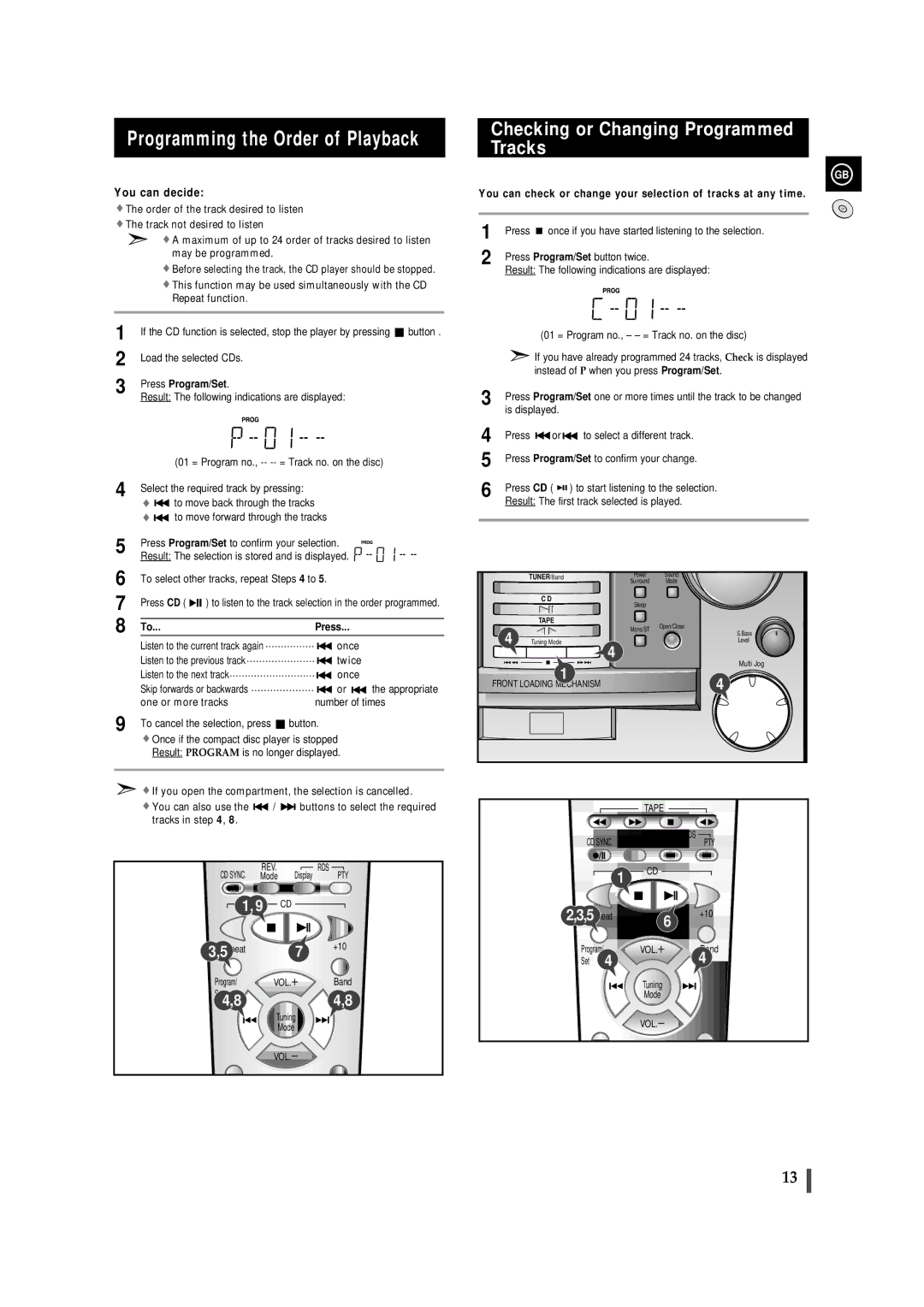 Samsung MMB9RH/ELS, MMB9QH/XFO manual Programming the Order of Playback, Checking or Changing Programmed Tracks 