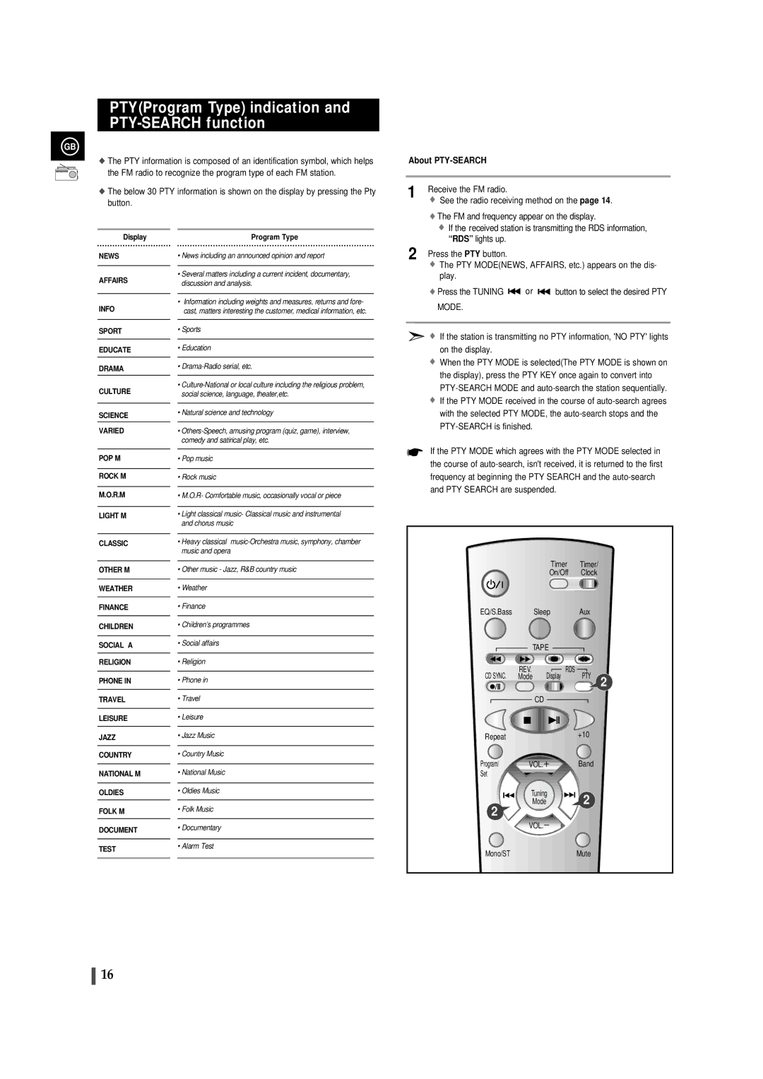 Samsung MMB9RH/ELS PTYProgram Type indication and PTY-SEARCH function, About PTY-SEARCH, Repeat+10 Program/ VOL. Band 