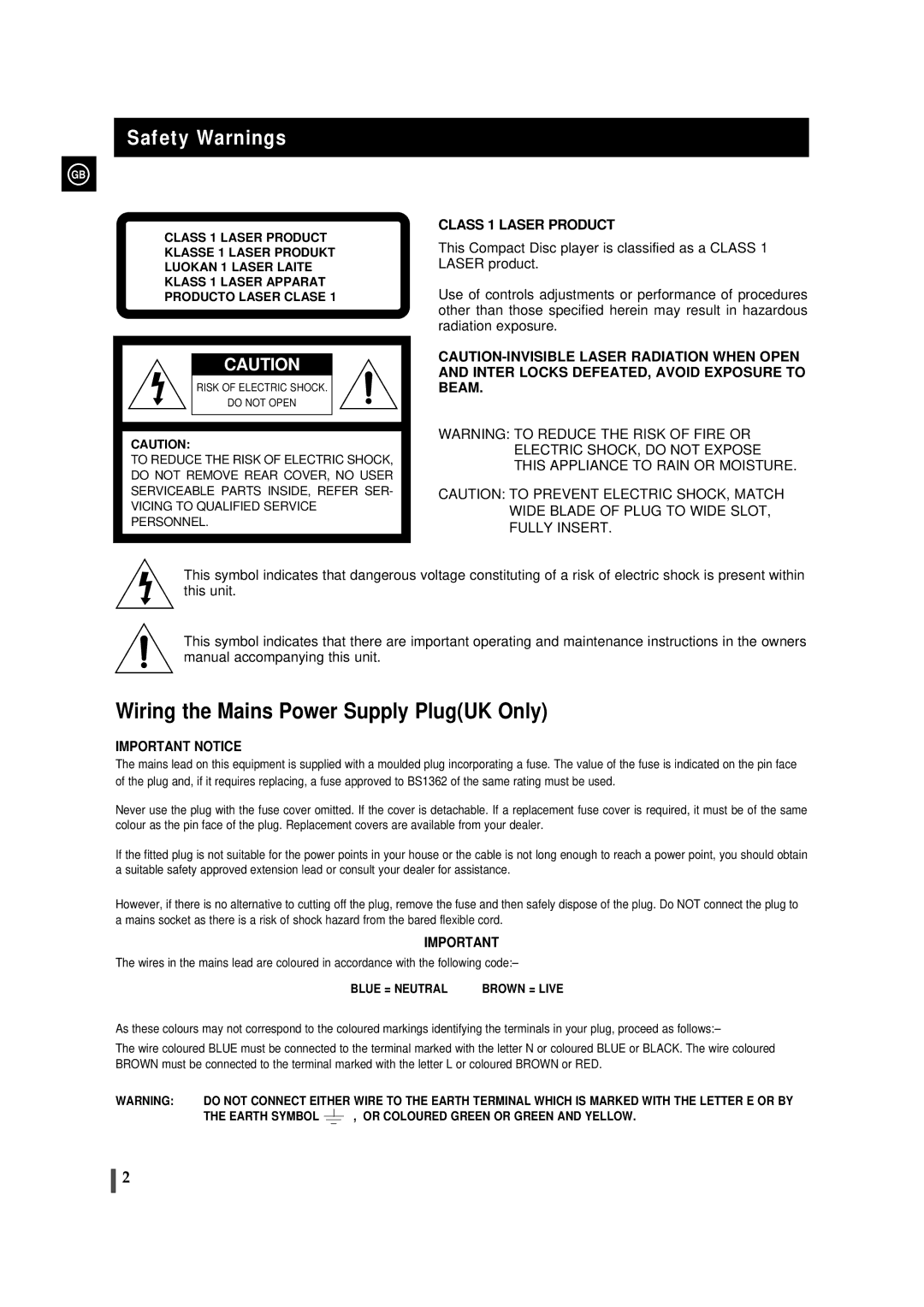 Samsung MMB9QH/XFO, MMB9RH/ELS manual Safety Warnings, Class 1 Laser Product 