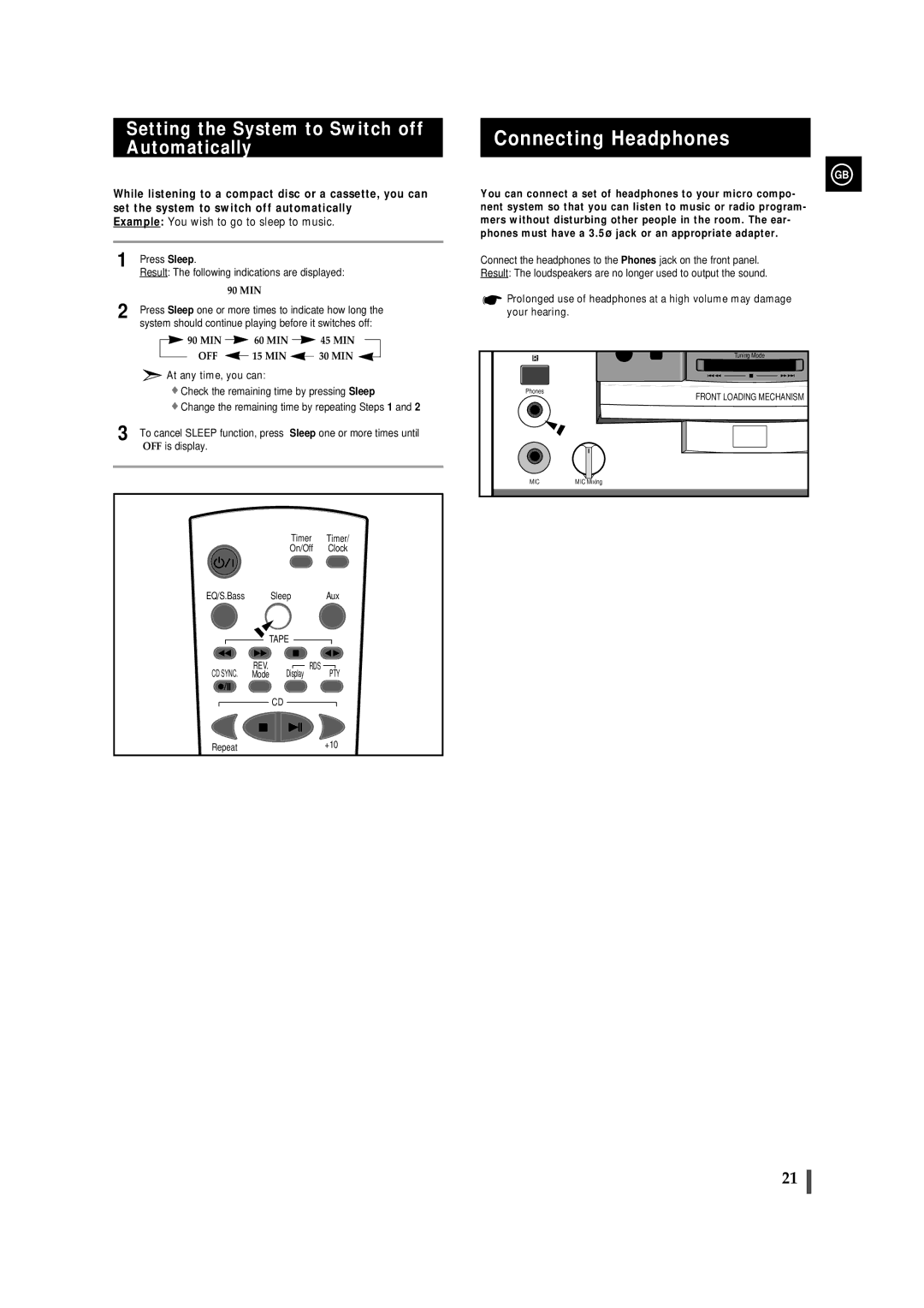 Samsung MMB9RH/ELS, MMB9QH/XFO manual Connecting Headphones, Setting the System to Switch off Automatically, Repeat +10 