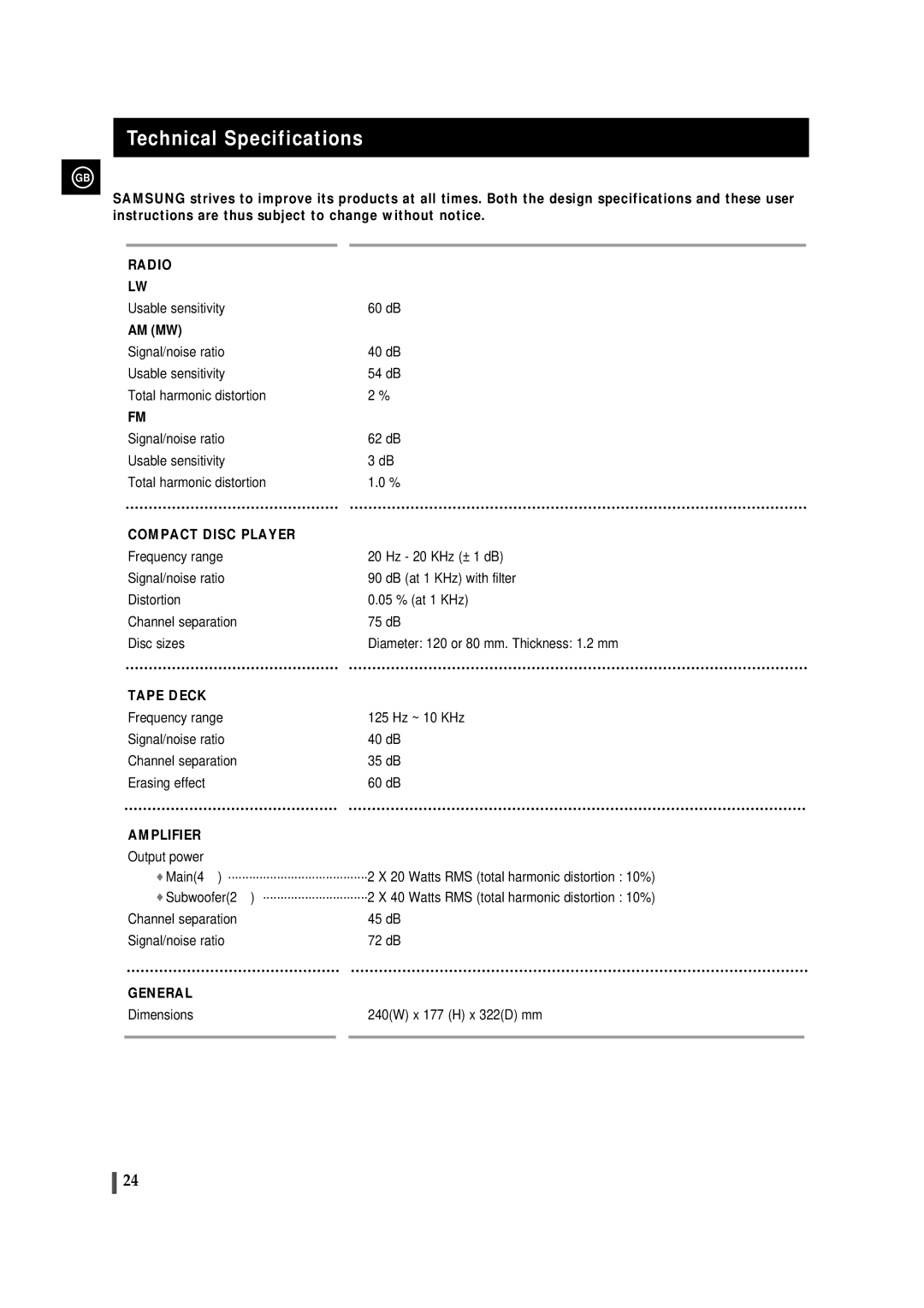 Samsung MMB9RH/ELS, MMB9QH/XFO manual Technical Specifications, Compact Disc Player 