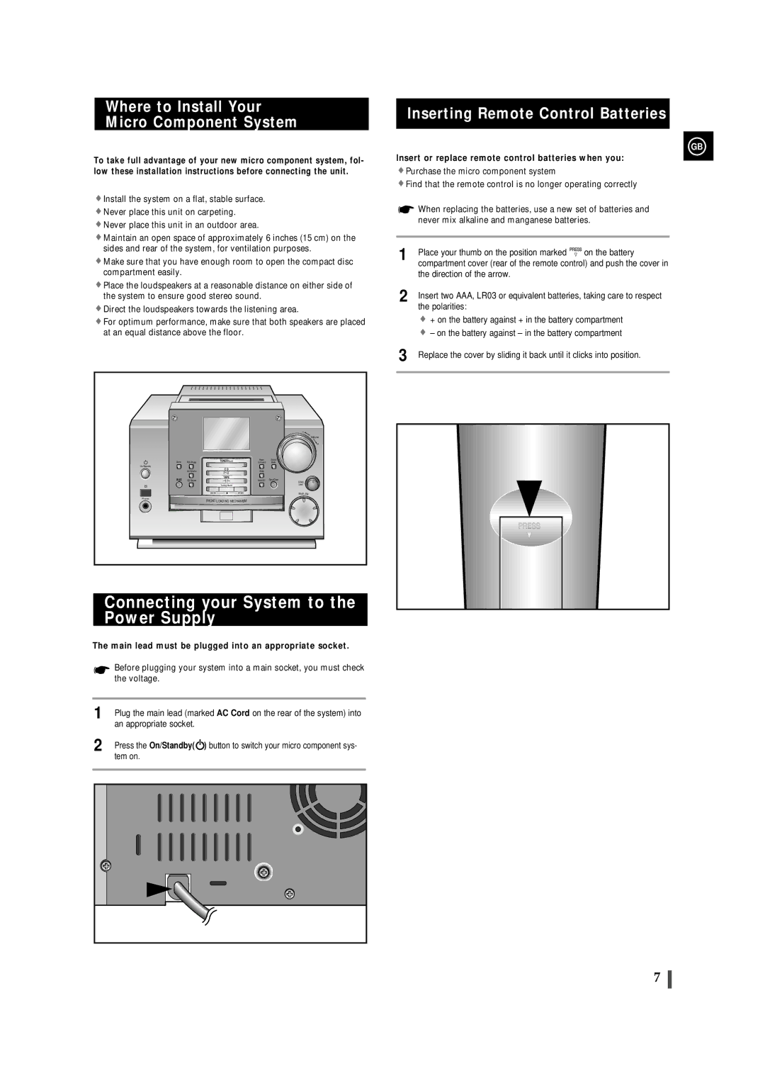 Samsung MMB9RH/ELS, MMB9QH/XFO Connecting your System to the Power Supply, Where to Install Your Micro Component System 