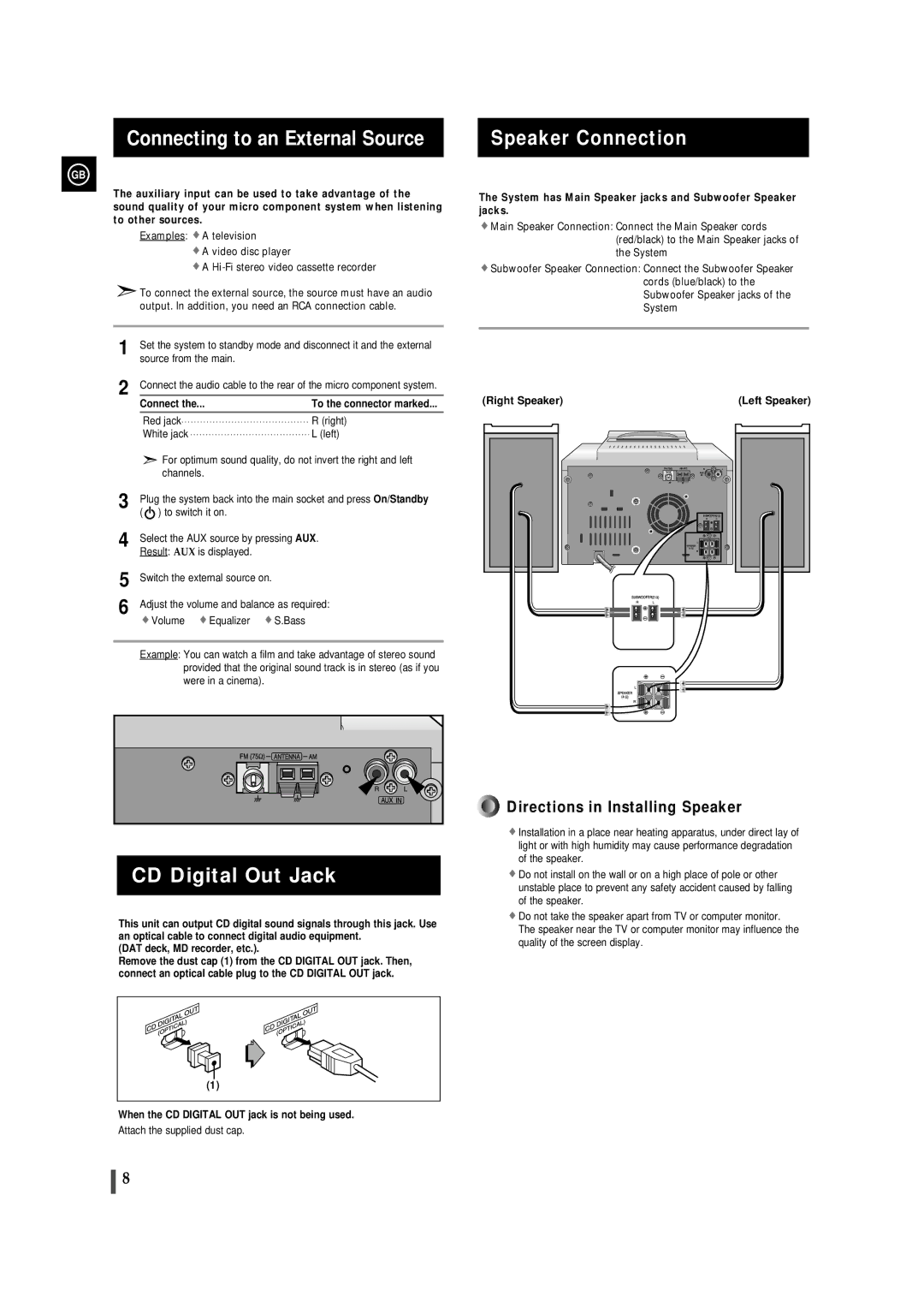 Samsung MMB9QH/XFO, MMB9RH/ELS manual Connecting to an External Source, Speaker Connection, CD Digital Out Jack 