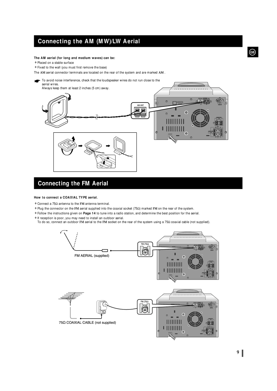 Samsung MMB9RH manual Connecting the AM MW/LW Aerial, Connecting the FM Aerial, AM aerial for long and medium waves can be 