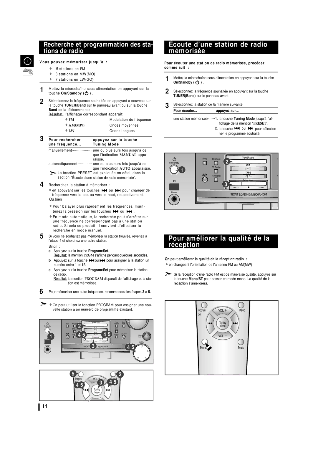 Samsung MMB9RH/ELS manual Écoute d’une station de radio mémorisée, Pour améliorer la qualité de la réception 