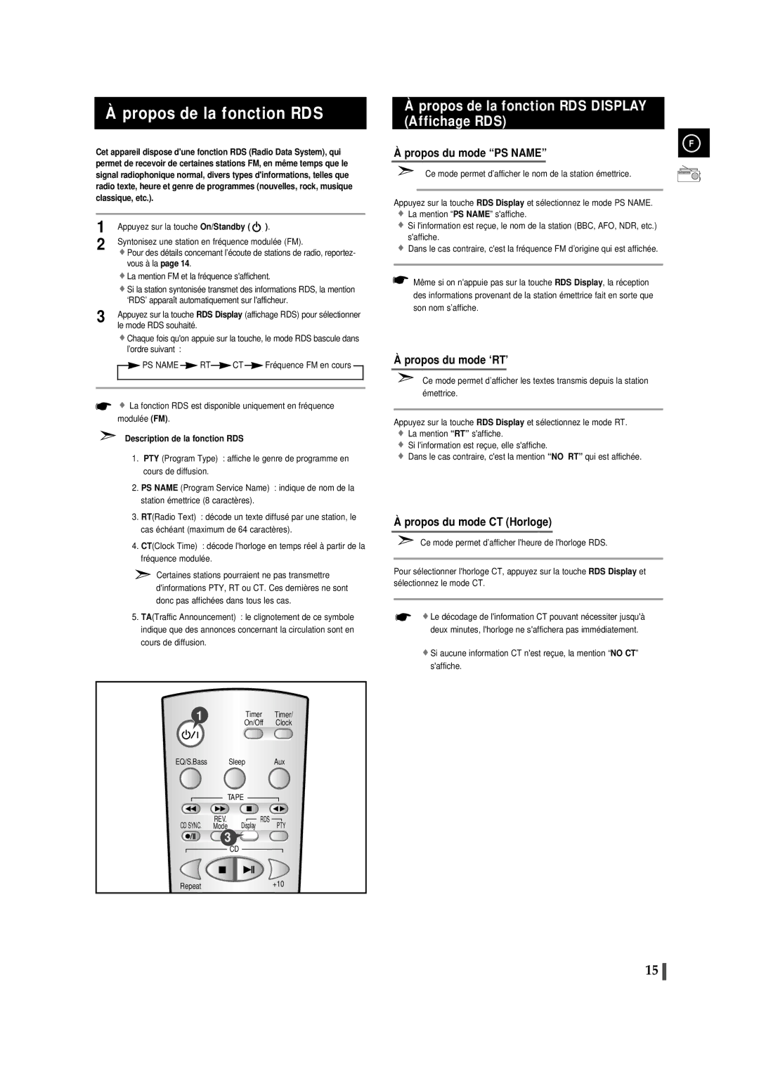 Samsung MMB9RH/ELS manual Propos de la fonction RDS, Syntonisez une station en fréquence modulée FM, Repeat+10 