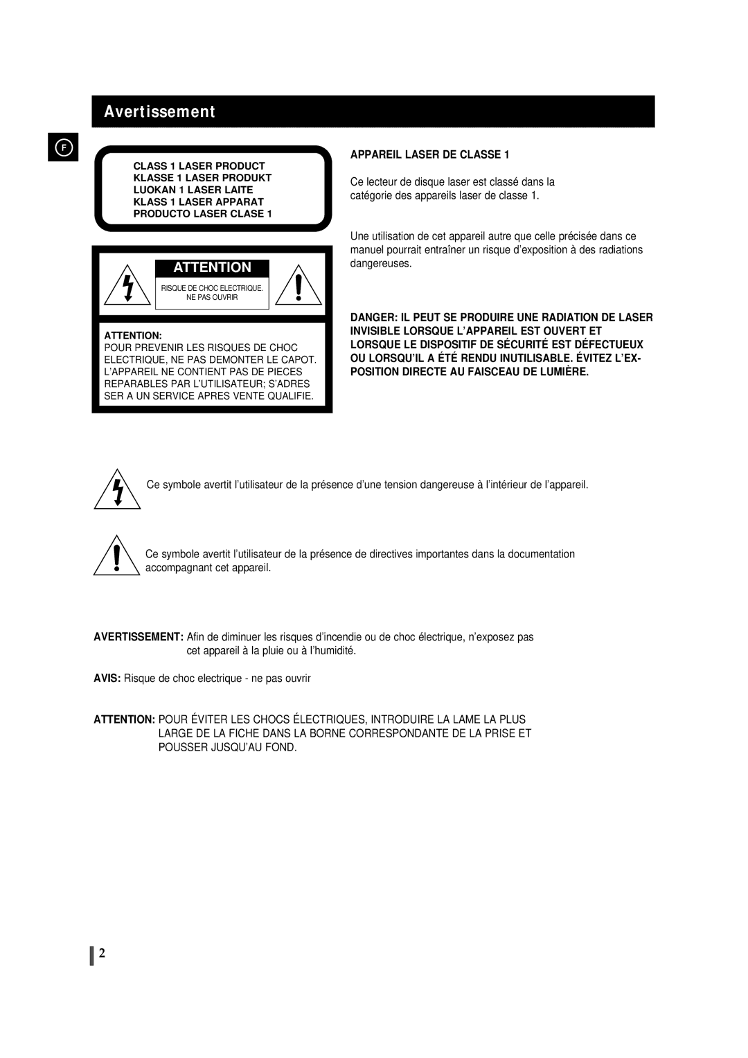 Samsung MMB9RH/ELS manual Avertissement, Appareil Laser DE Classe 