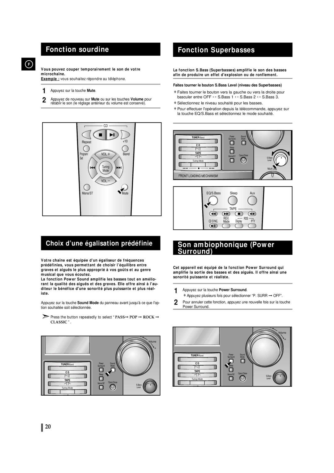 Samsung MMB9RH/ELS manual Fonction sourdine, Fonction Superbasses, Son ambiophonique Power Surround, Mono/ST Mute 