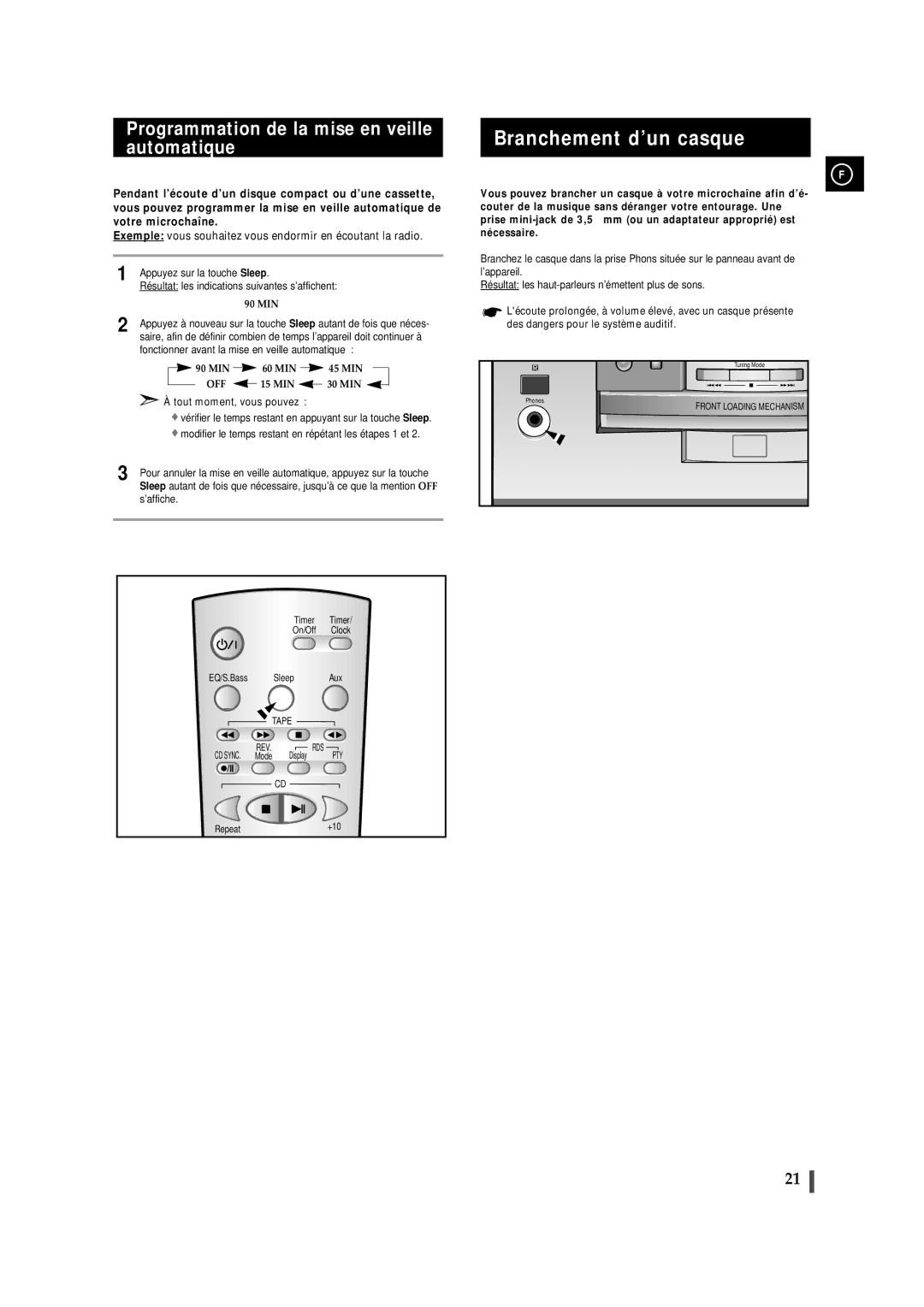 Samsung MMB9RH/ELS manual Branchement d’un casque, Programmation de la mise en veille automatique, Repeat +10 