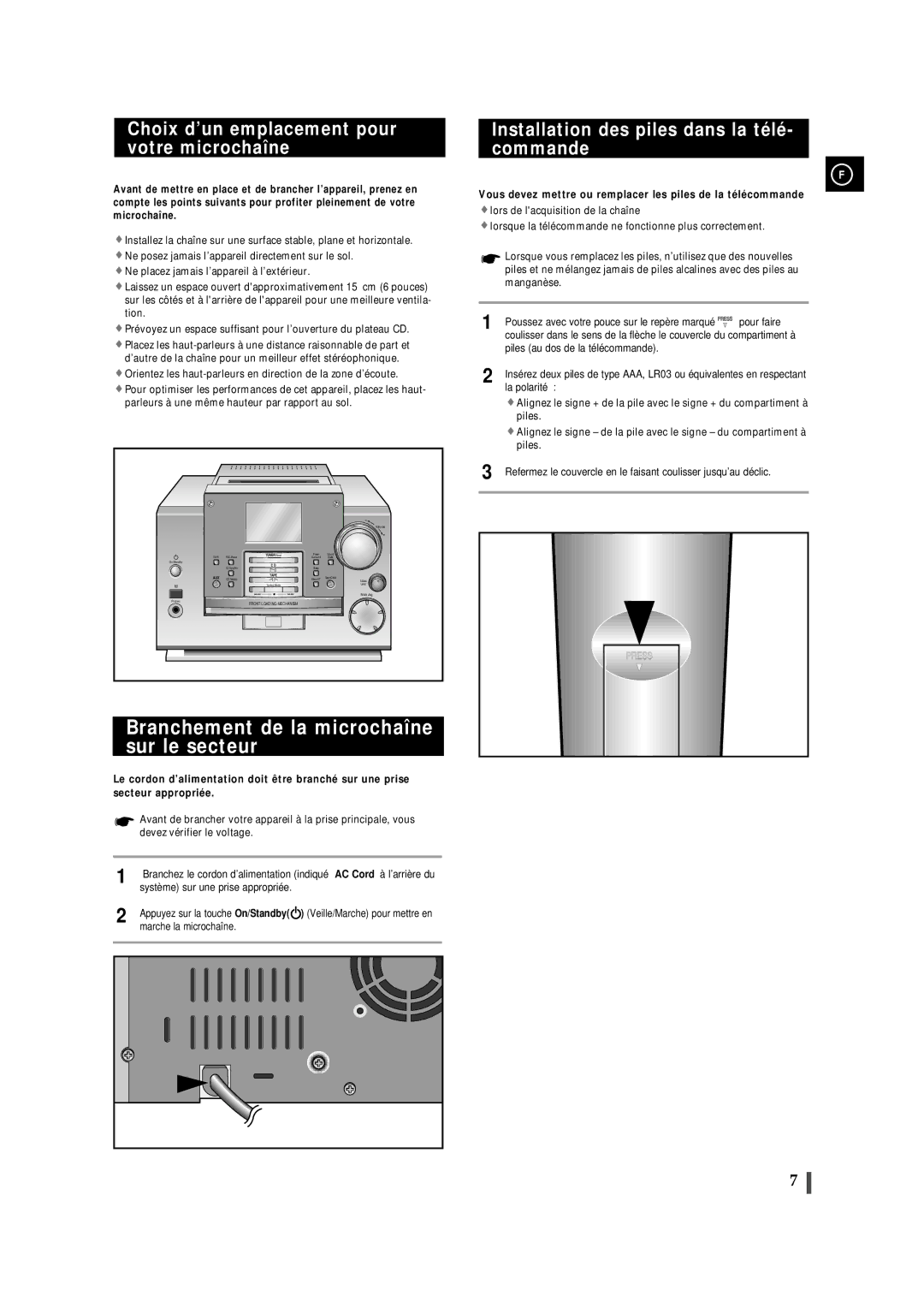 Samsung MMB9RH/ELS manual Branchement de la microchaîne sur le secteur, Choix d’un emplacement pour votre microchaîne 