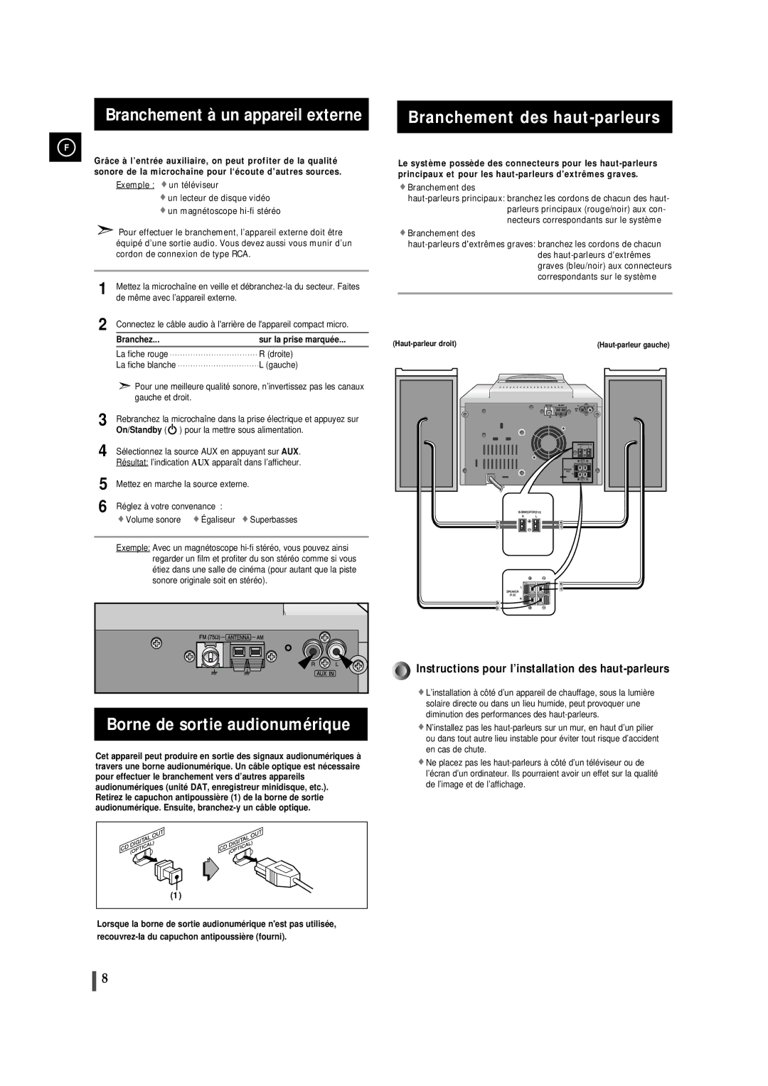 Samsung MMB9RH manual Branchement à un appareil externe, Borne de sortie audionumérique, Branchement des haut-parleurs 