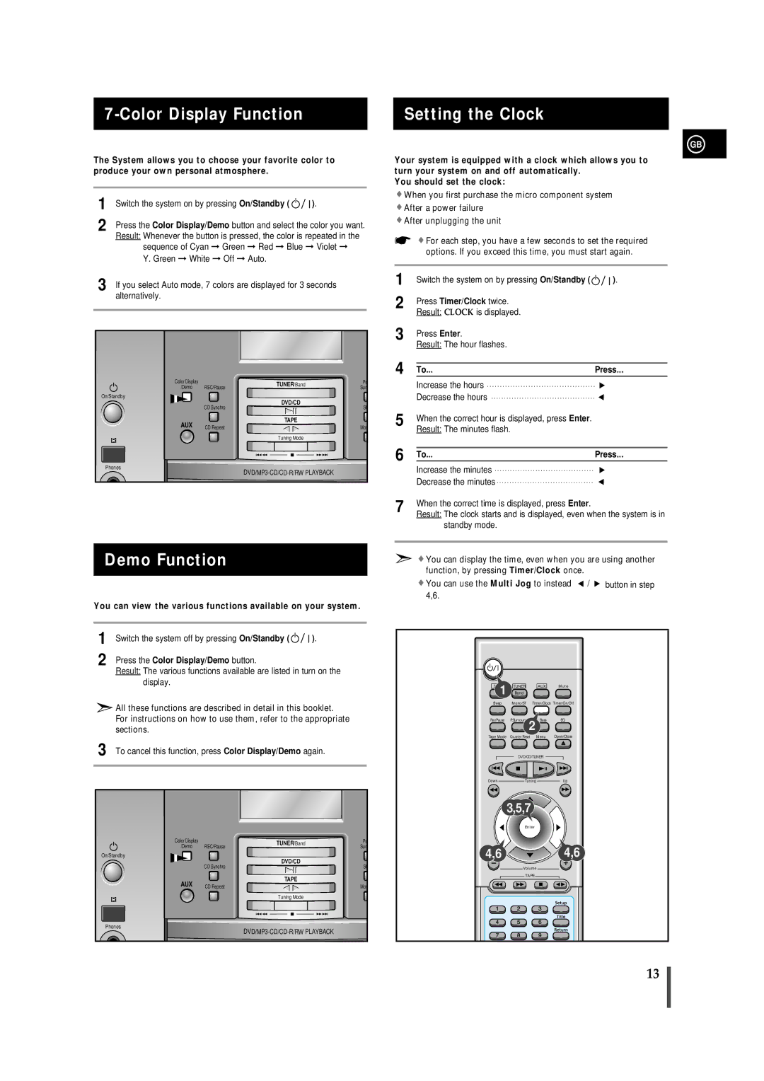 Samsung MMDB9LH/MON manual Color Display Function Setting the Clock, Demo Function, Press the Color Display/Demo button 