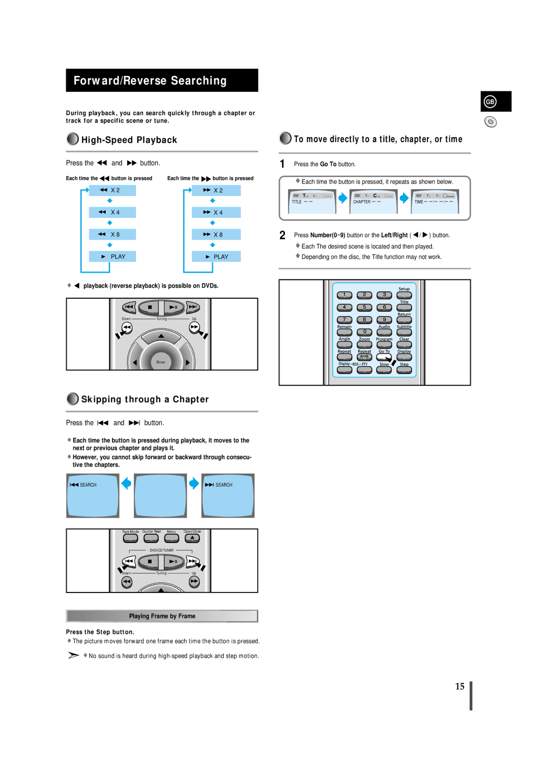 Samsung MMDB9RH/ELS manual Forward/Reverse Searching, High-Speed Playback, Skipping through a Chapter, Press the and button 