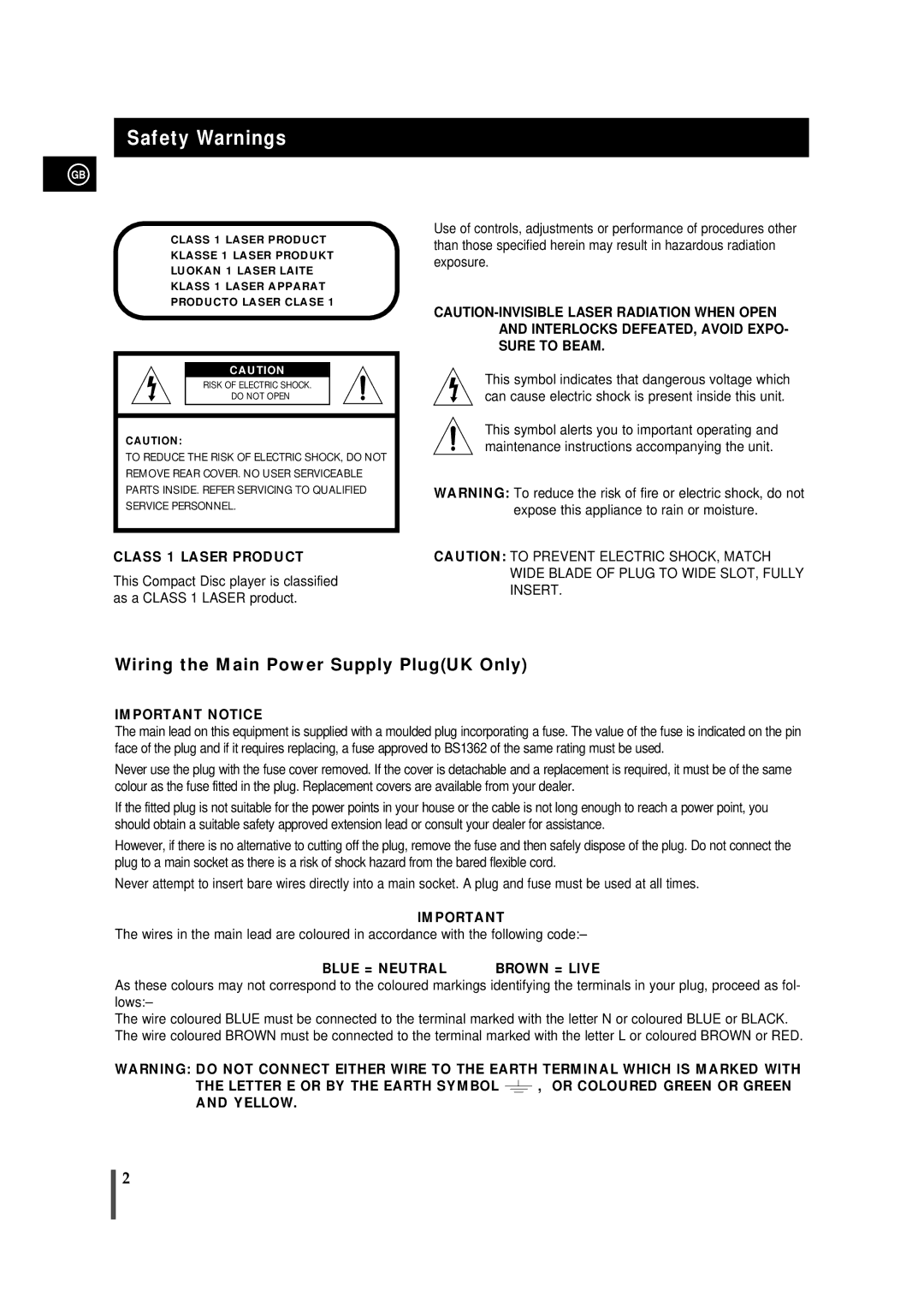 Samsung MMDB9TH/ESN, MMDB9RH/ELS, MMDB9LH/MON manual Safety Warnings, Class 1 Laser Product 