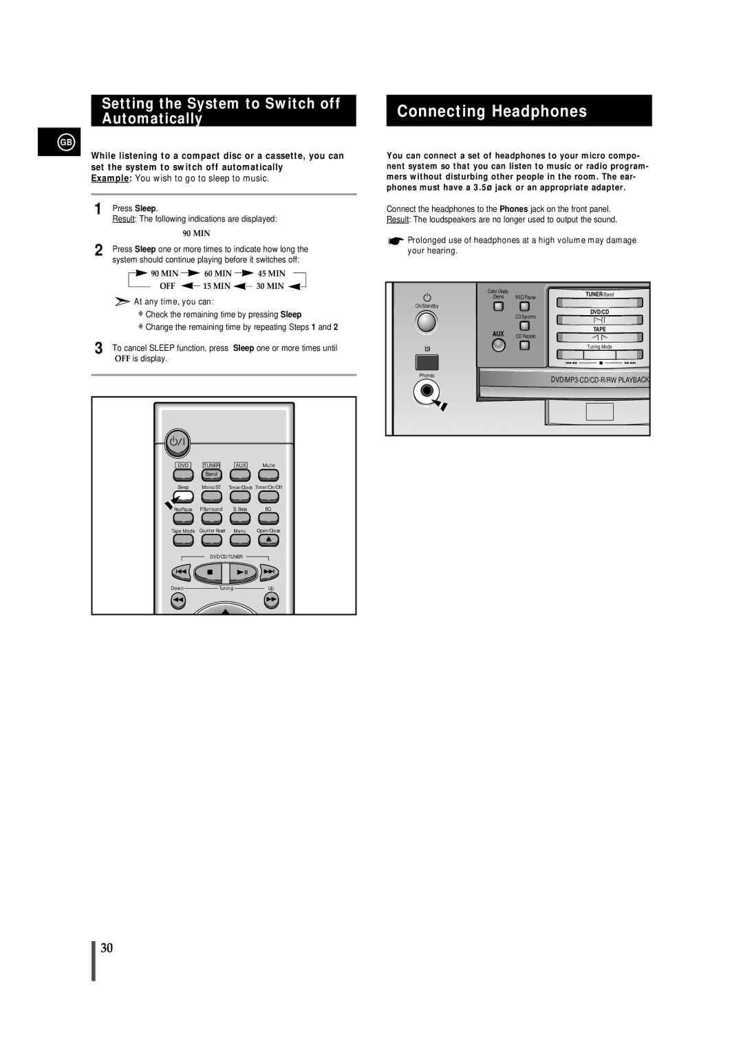 Samsung MMDB9RH/ELS, MMDB9LH/MON, MMDB9TH/ESN manual Connecting Headphones, Setting the System to Switch off Automatically 