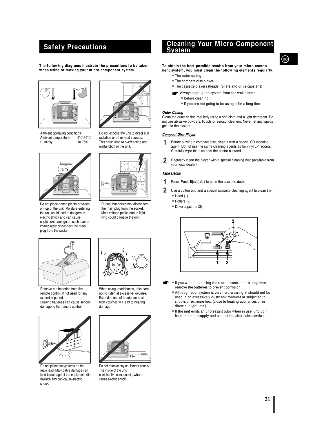 Samsung MMDB9LH/MON, MMDB9RH/ELS, MMDB9TH/ESN Safety Precautions Cleaning Your Micro Component System, Press Push Eject 