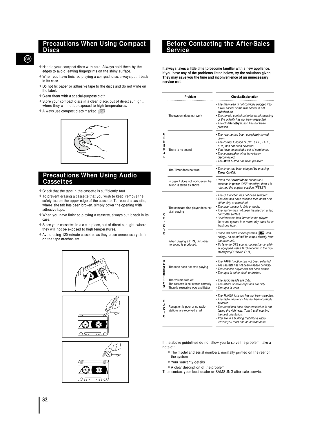 Samsung MMDB9TH/ESN, MMDB9RH/ELS manual Precautions When Using Compact Discs, Before Contacting the After-Sales Service 