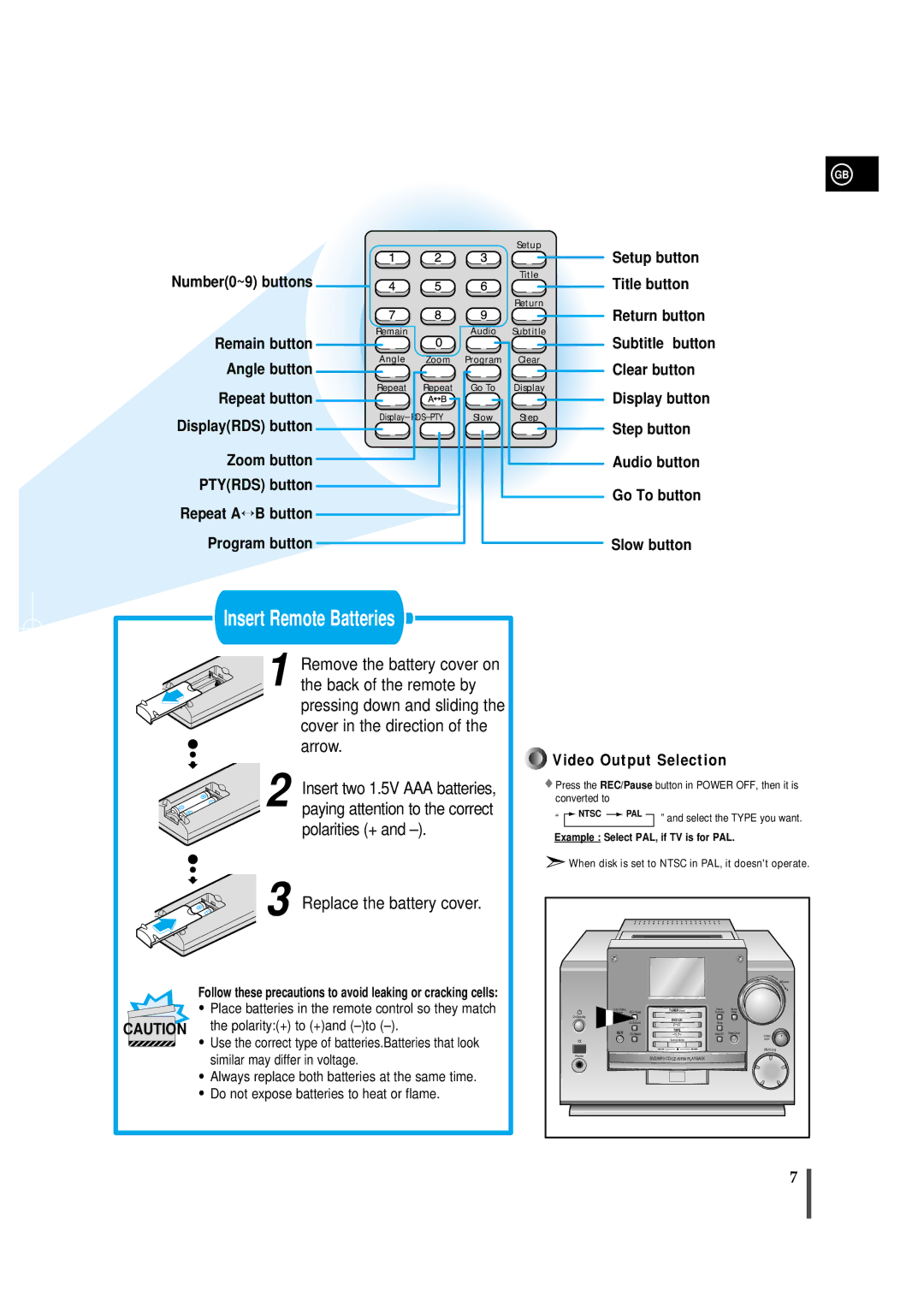 Samsung MMDB9LH/MON, MMDB9RH/ELS, MMDB9TH/ESN Video Output Selection, Place batteries in the remote control so they match 