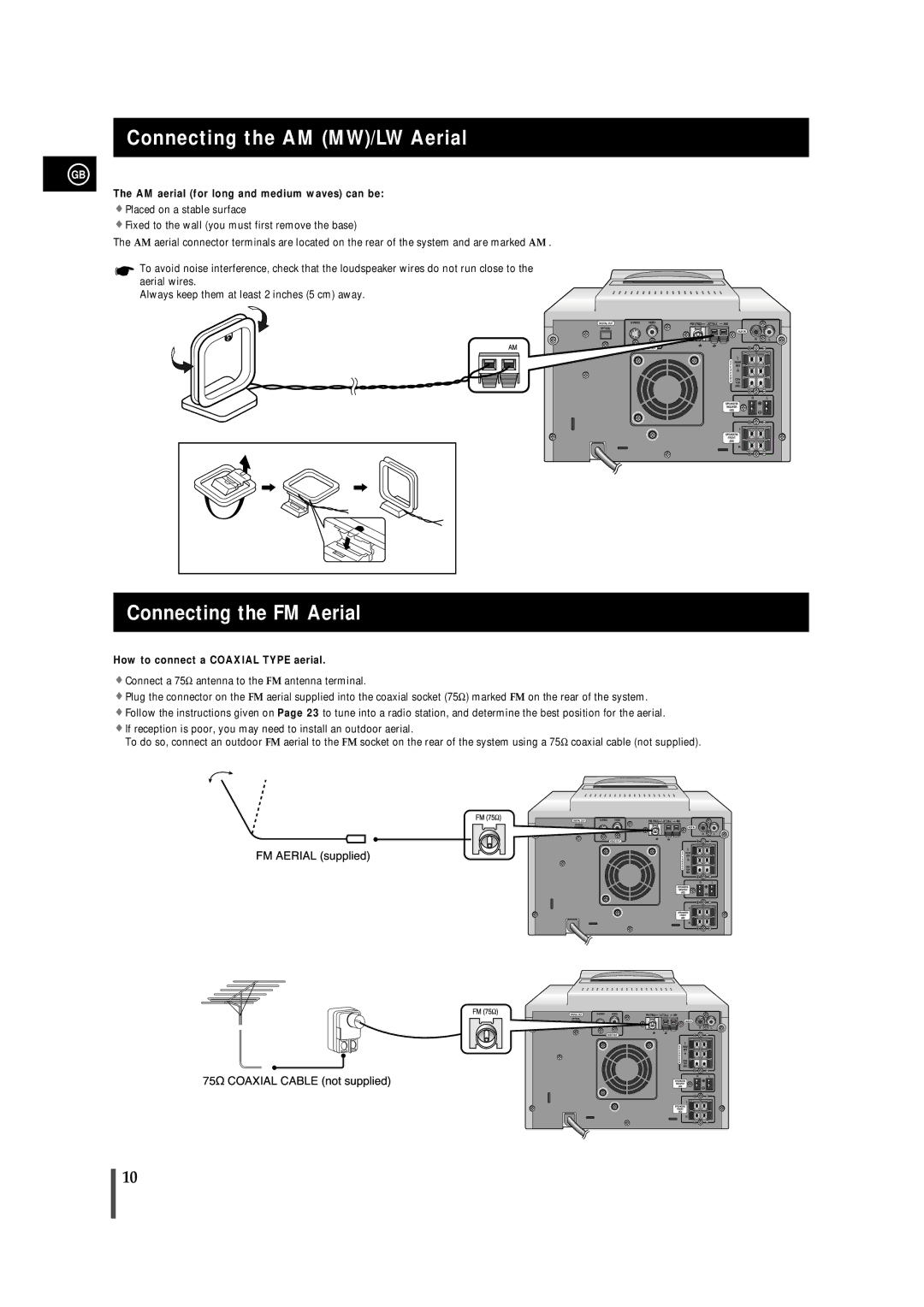 Samsung MMDB9LH/MON Connecting the AM MW/LW Aerial, Connecting the FM Aerial, AM aerial for long and medium waves can be 