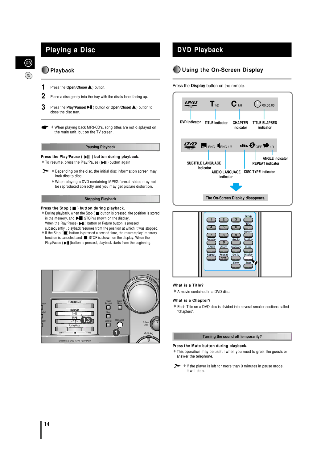 Samsung MMDB9TH/ESN Playing a Disc, DVD Playback, Using the On-Screen Display, Press the Display button on the remote 