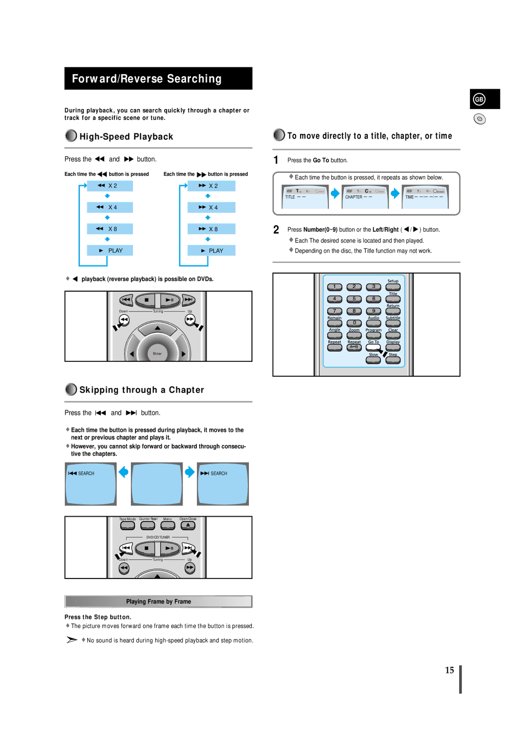 Samsung MMDB9RH/ELS manual Forward/Reverse Searching, High-Speed Playback, Skipping through a Chapter, Press the and button 