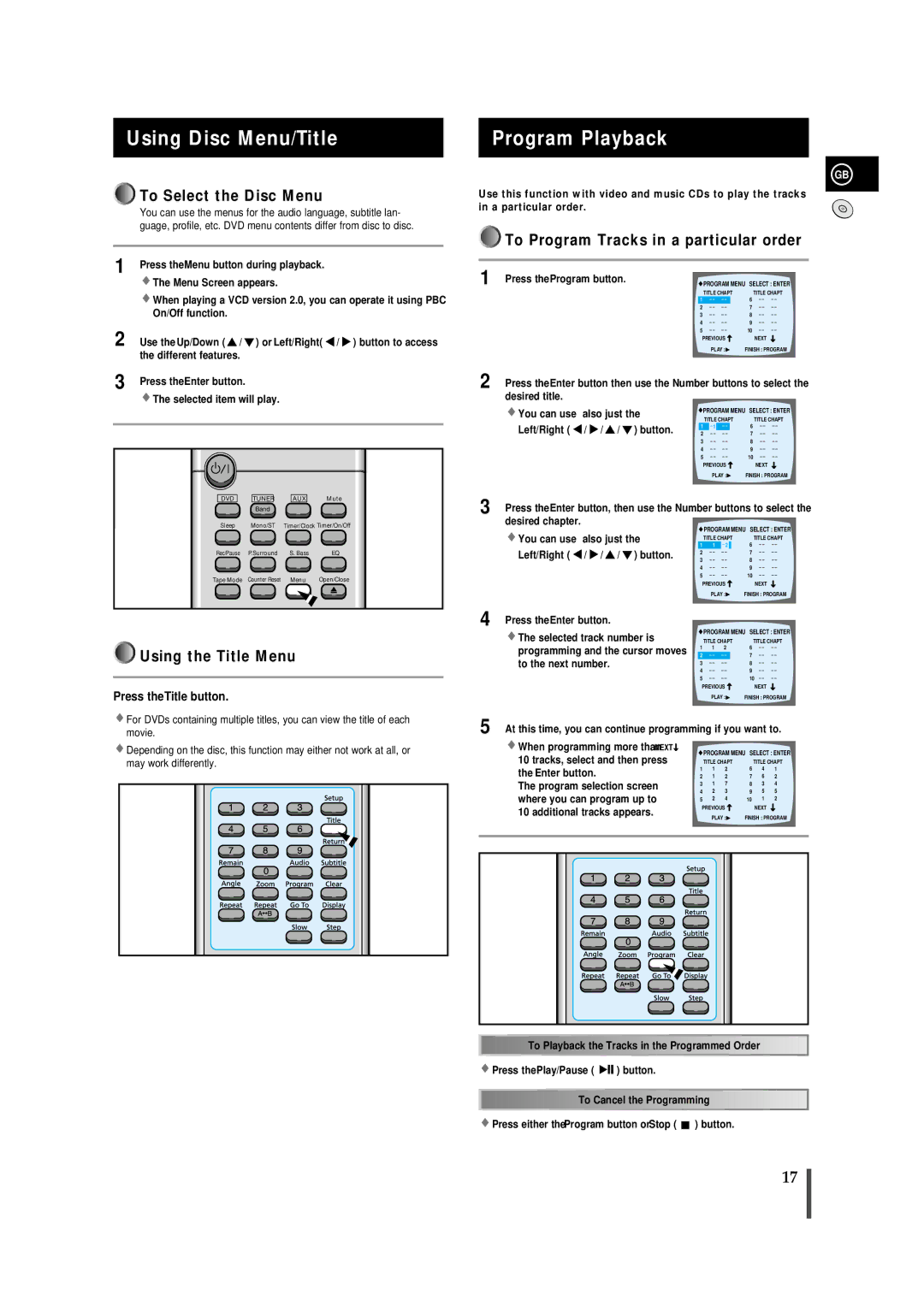 Samsung MMDB9TH/ESN, MMDB9RH/ELS Using Disc Menu/Title, Program Playback, To Select the Disc Menu, Using the Title Menu 