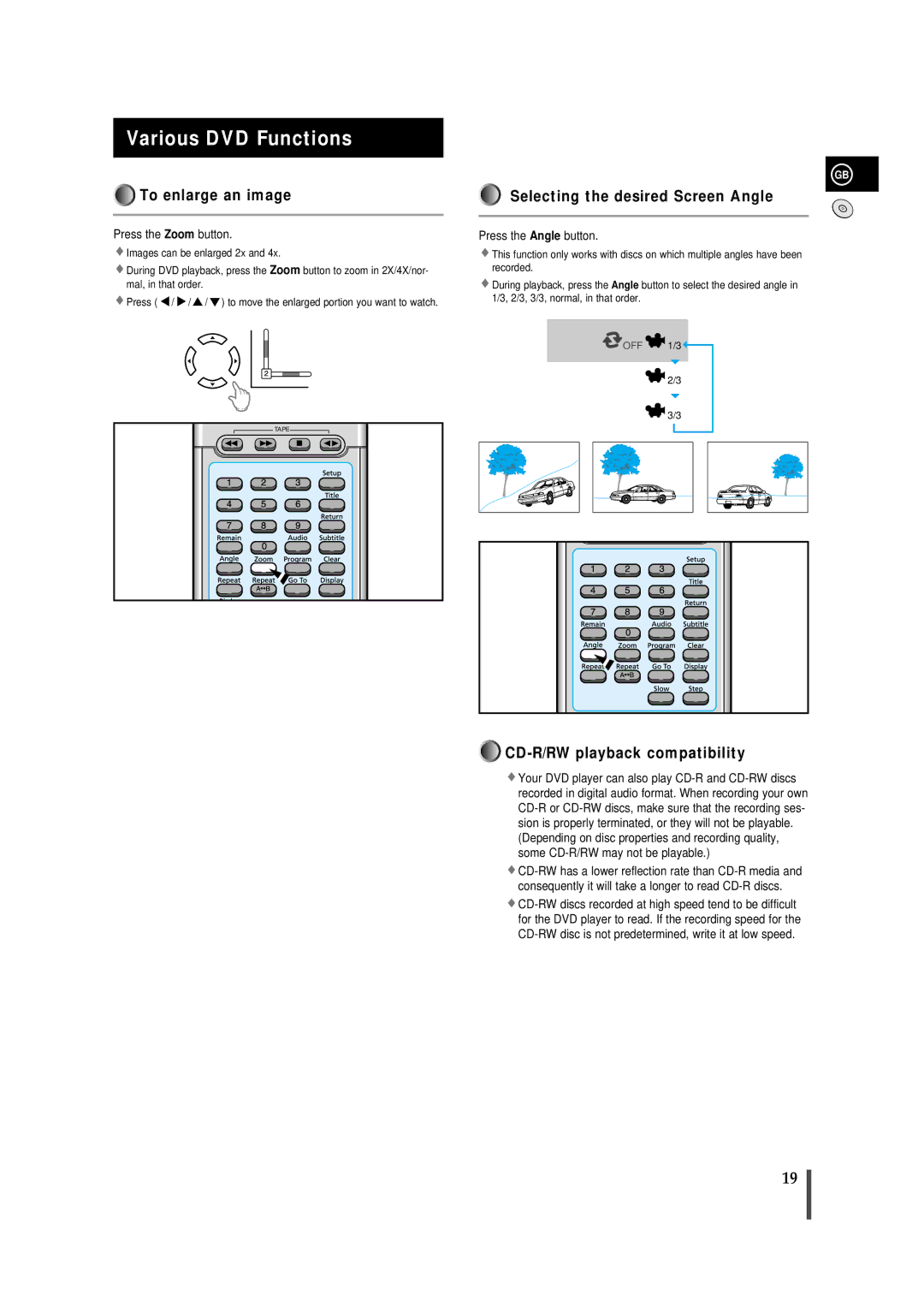 Samsung MMDB9LH/MON, MMDB9RH/ELS manual Various DVD Functions, To enlarge an image, Selecting the desired Screen Angle 