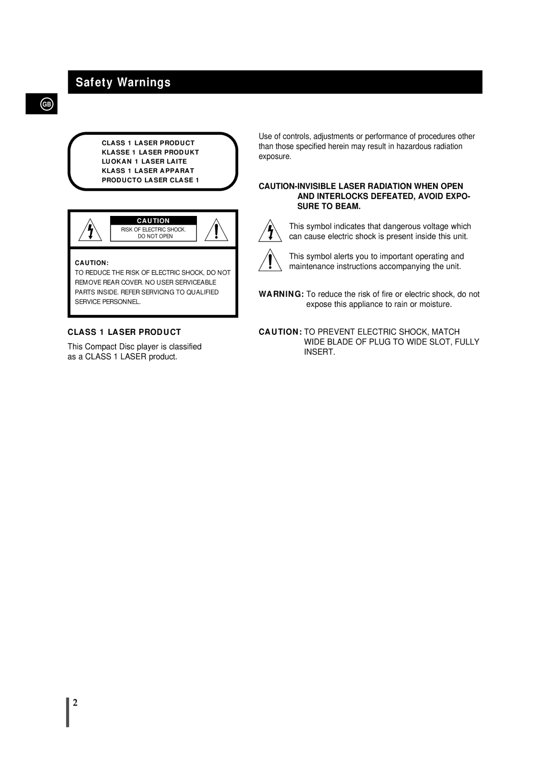 Samsung MMDB9TH/ESN, MMDB9RH/ELS, MMDB9LH/MON manual Safety Warnings, Class 1 Laser Product 