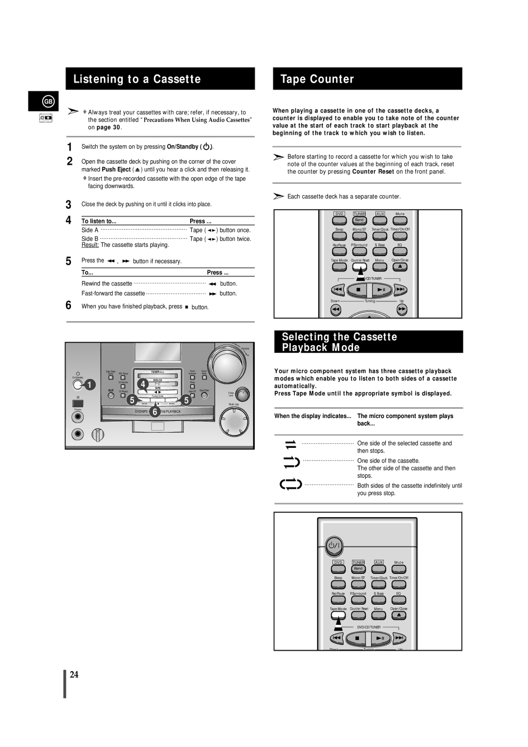 Samsung MMDB9RH/ELS, MMDB9LH/MON, MMDB9TH/ESN Listening to a Cassette Tape Counter, Selecting the Cassette Playback Mode 