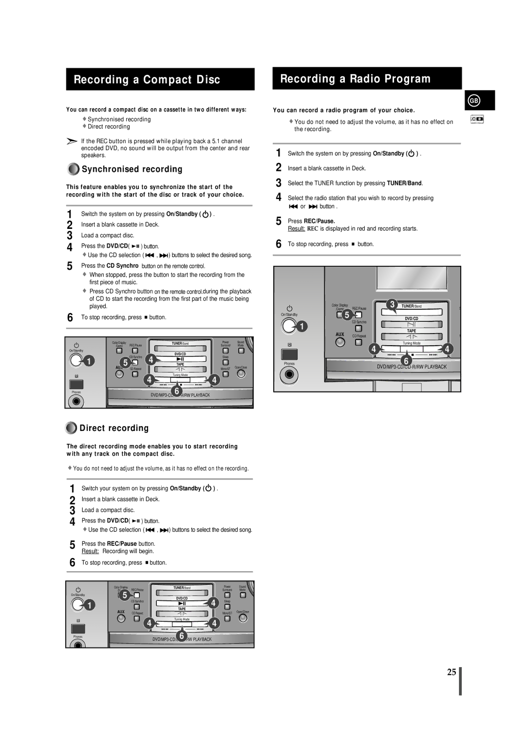 Samsung MMDB9LH/MON manual Recording a Compact Disc, Recording a Radio Program, Synchronised recording, Direct recording 