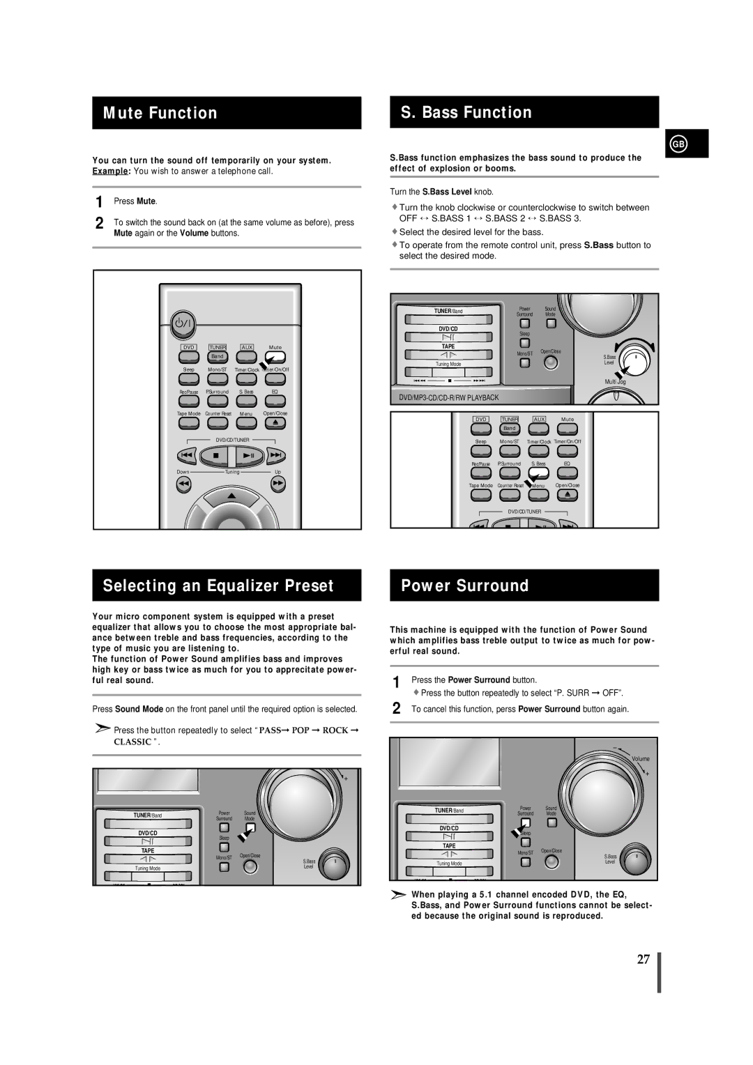 Samsung MMDB9RH/ELS, MMDB9LH/MON, MMDB9TH/ESN Mute Function, Bass Function, Selecting an Equalizer Preset, Power Surround 