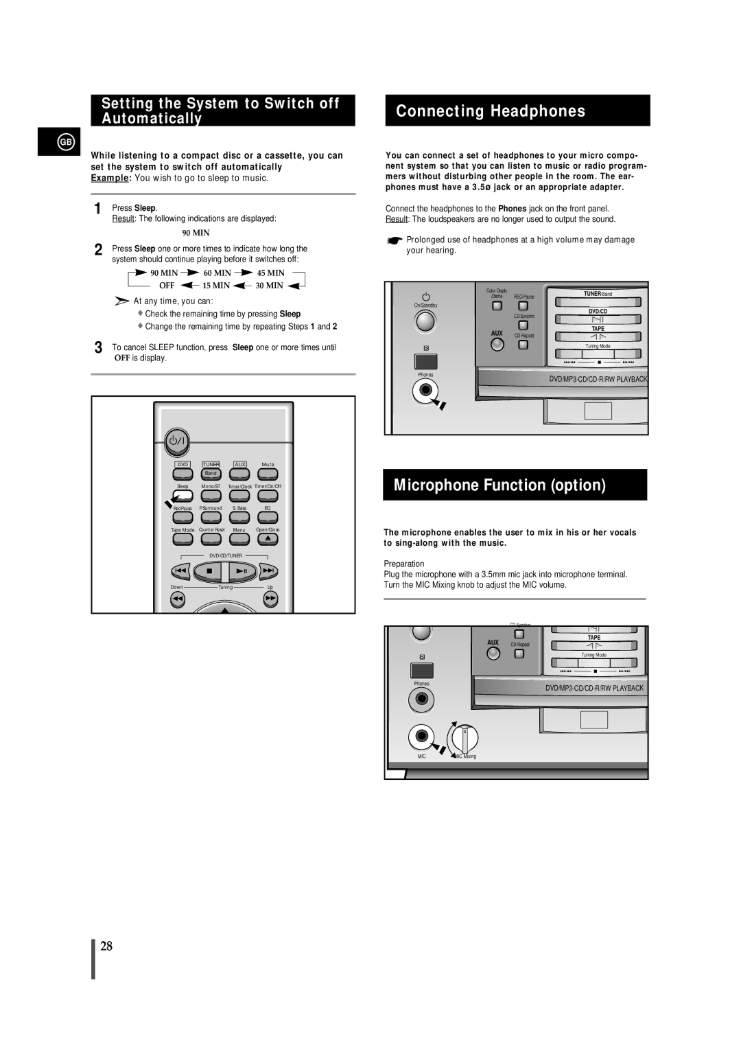 Samsung MMDB9LH/MON Connecting Headphones, Microphone Function option, Setting the System to Switch off Automatically 