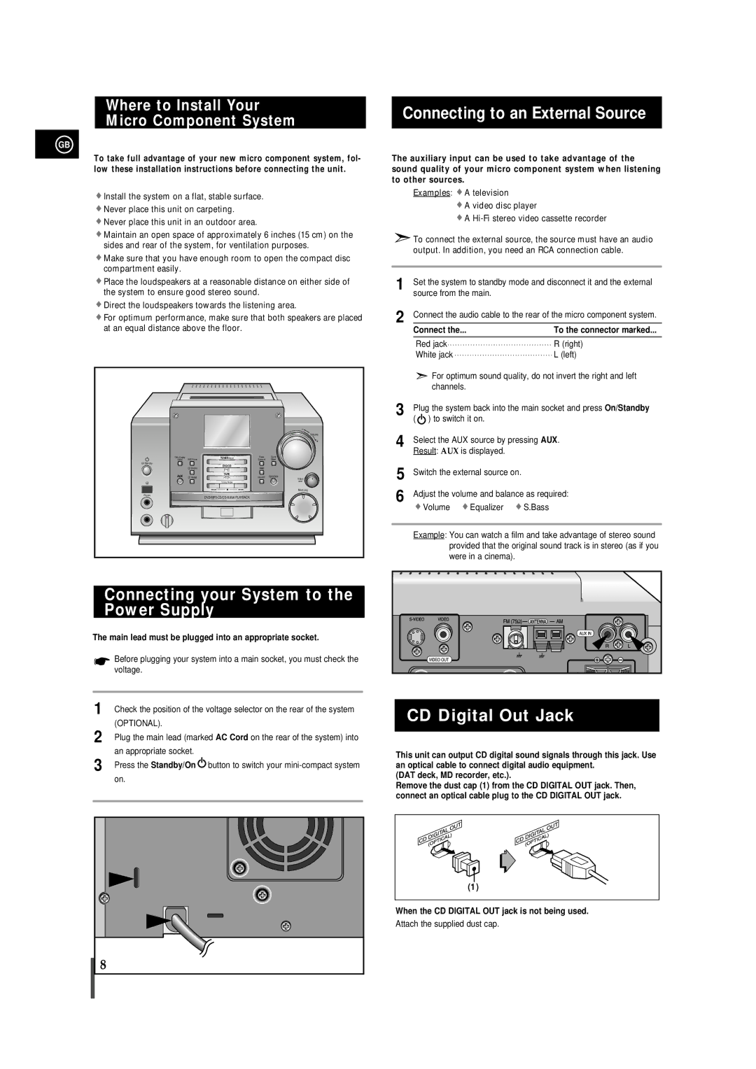 Samsung MMDB9TH/ESN Connecting your System to the Power Supply, Connecting to an External Source, CD Digital Out Jack 