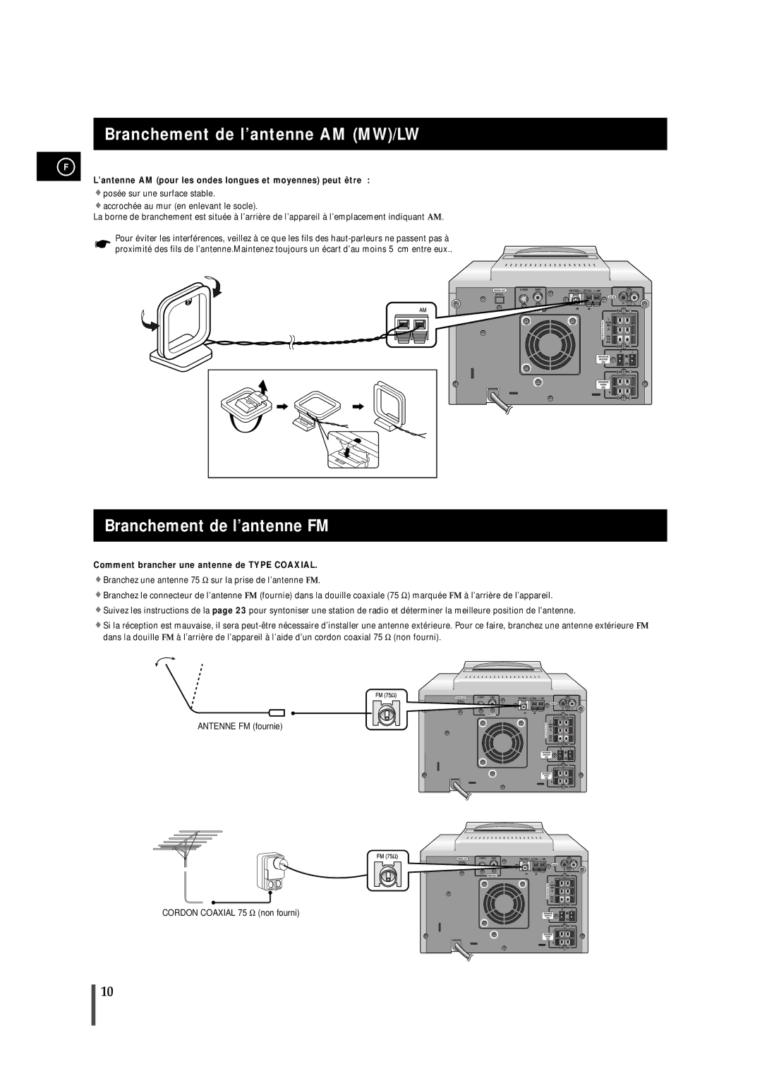 Samsung MMDB9RH/ELS manual Branchement de l’antenne AM MW/LW, Branchement de l’antenne FM 