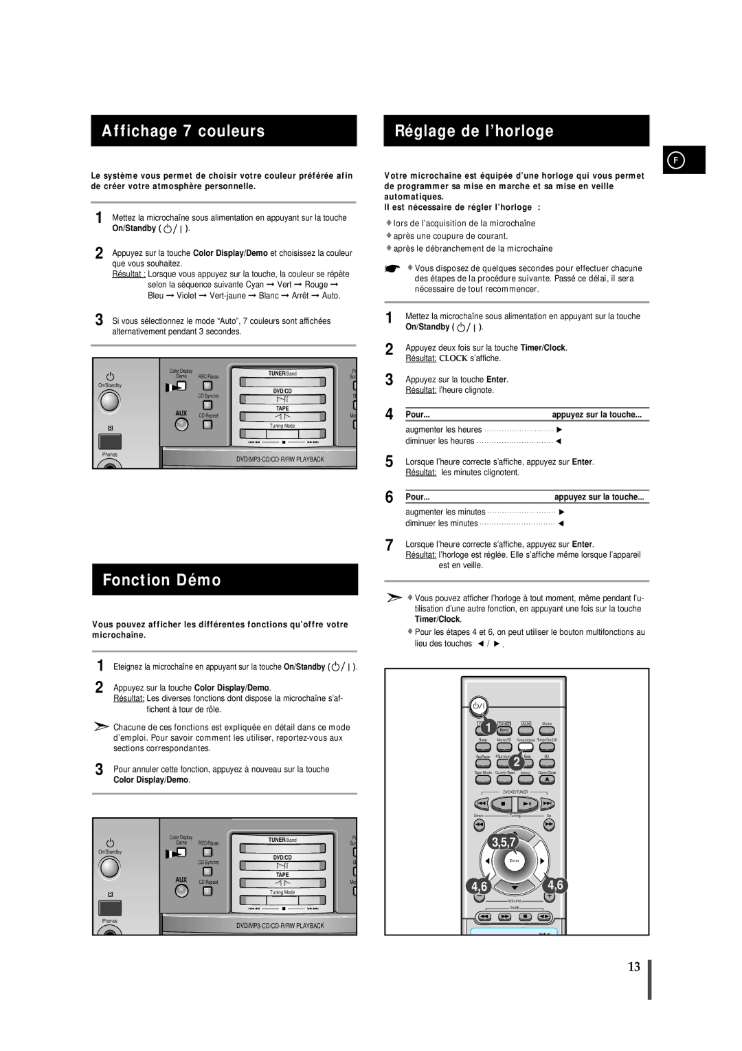 Samsung MMDB9RH/ELS manual Affichage 7 couleurs Réglage de l’horloge, Fonction Démo, On/Standby, Pour 