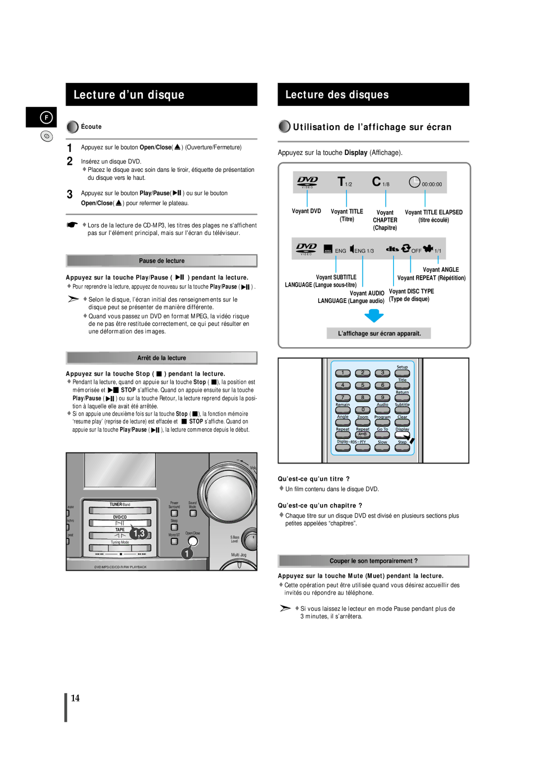 Samsung MMDB9RH/ELS manual Lecture d’un disque, Lecture des disques, Utilisation de l’affichage sur écran 