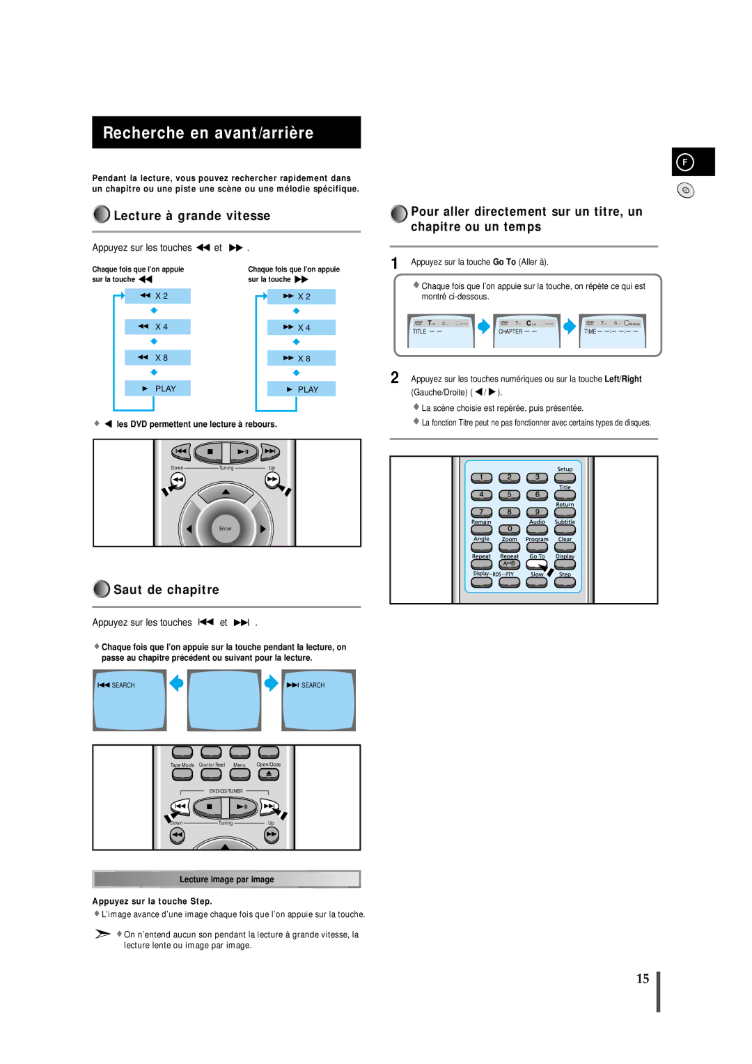 Samsung MMDB9RH/ELS Recherche en avant/arrière, Lecture à grande vitesse, Saut de chapitre, Appuyez sur les touches et 